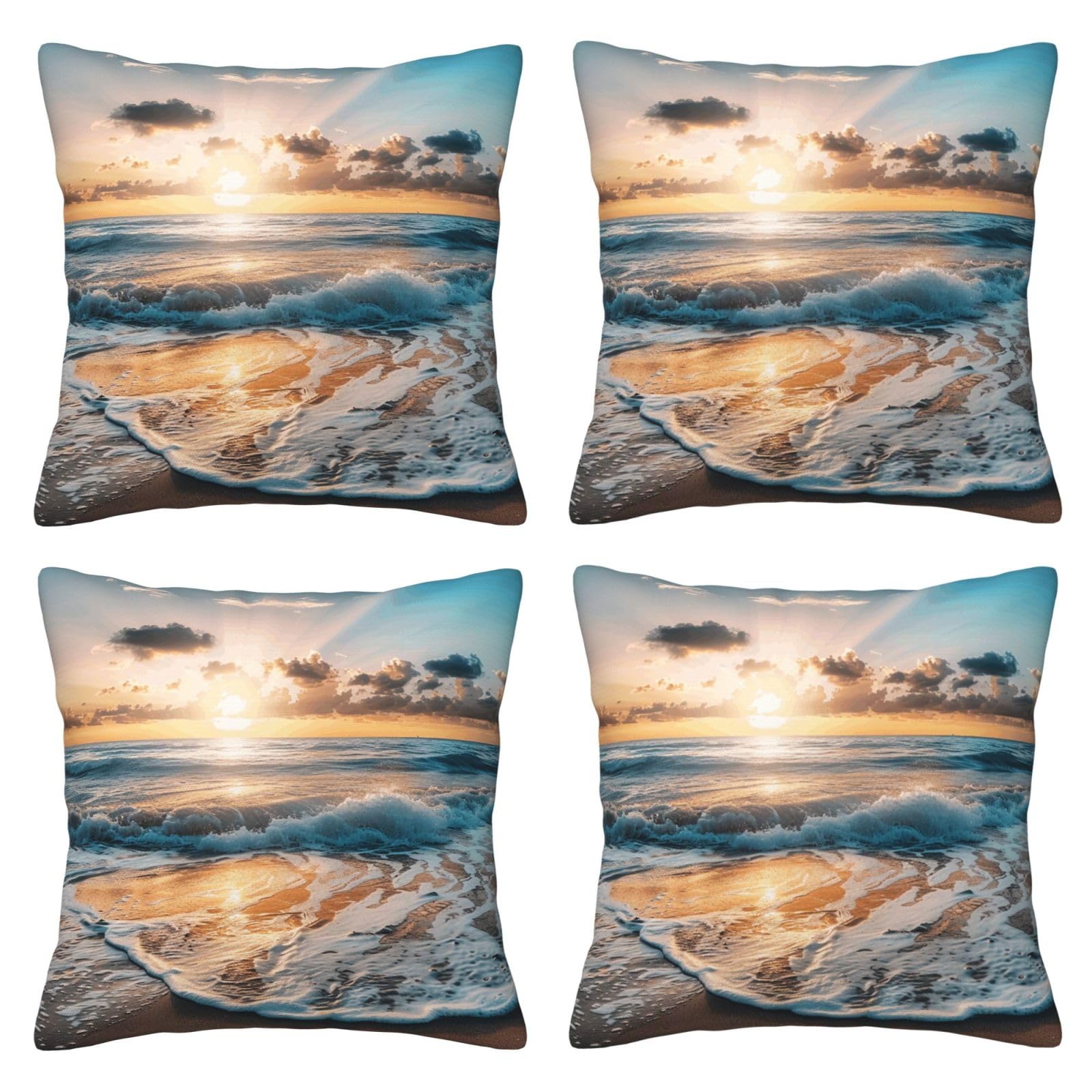Beach Sunset Sea Waves Throw Pillow Cases 4 Pack Square Pillowcases Super Soft Pillow Protectors With Zipper for Couch Livingroom Sofa Bed Office Car,45x45 CM