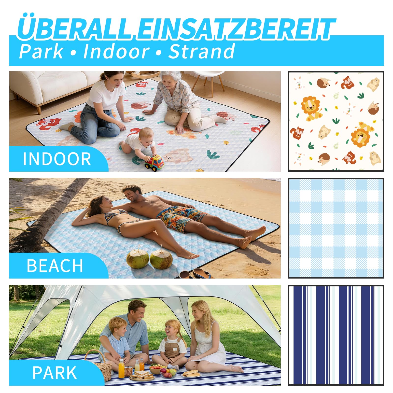 sapsisel wasserdichte Picknickdecke für 6-8 Erwachsene, Extra große Stranddecke, Picknickmatte für Camping, Strand, Wiese und Park, Blau kariert 200 x 200 cm