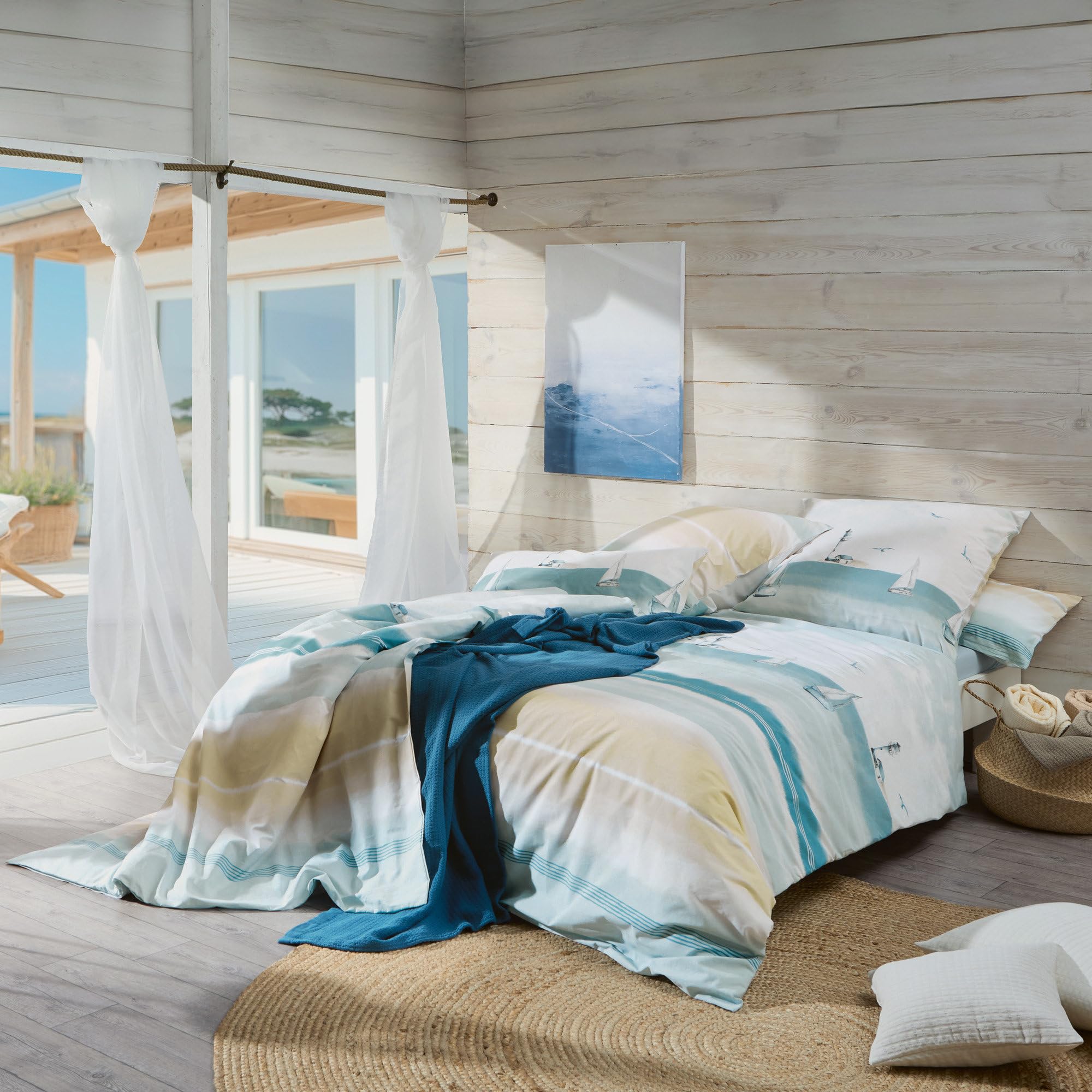 REDBEST Renforcé Bettwäsche Maritim blau-beige Größe 40x80 cm / 135x200 cm - temperaturausgleichend, strapazierfähig, mit Reißverschluss