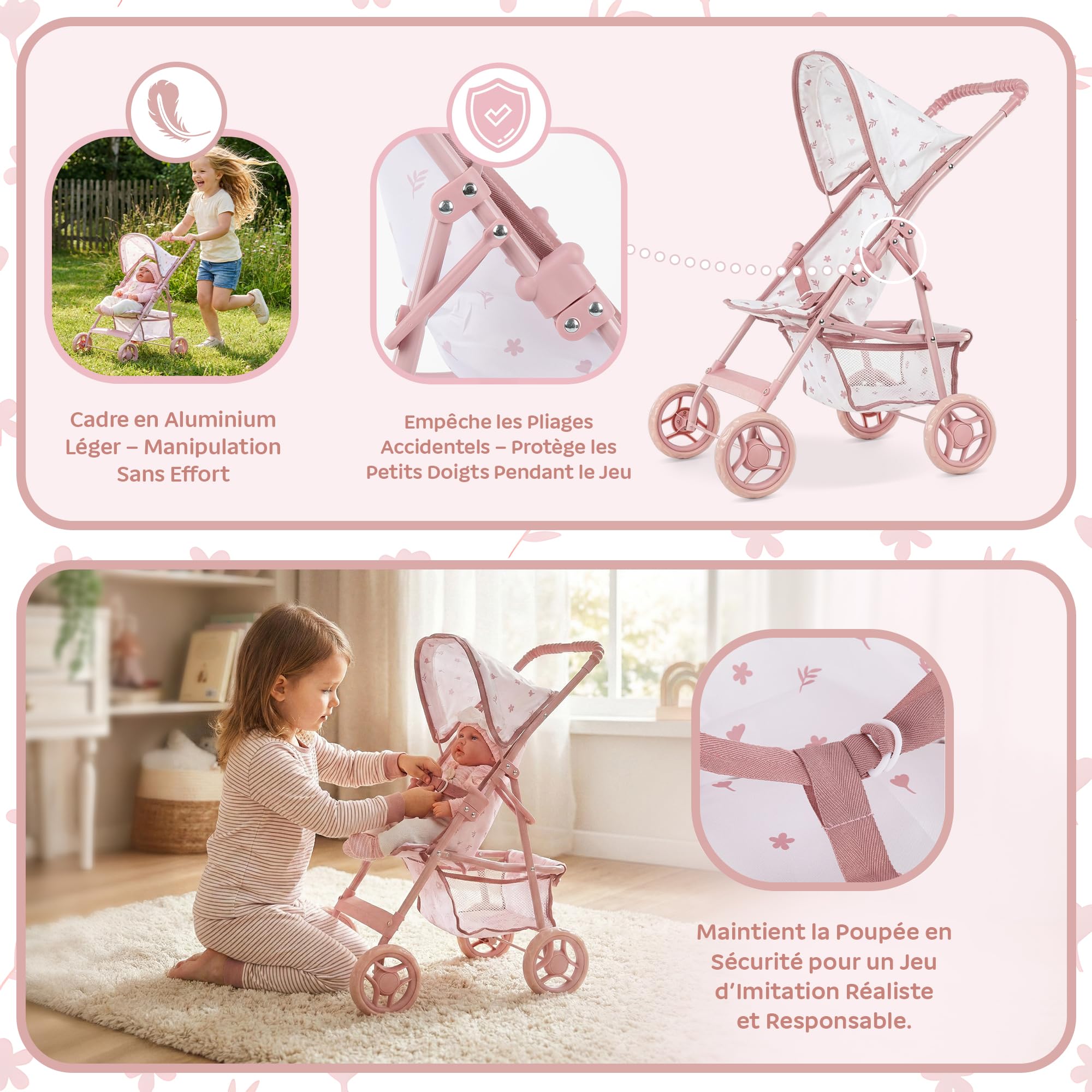 Kinderplay Poussette de poupée à partir de 3 Ans - Poussette légère et Pliable pour Fille avec Roues en EVA, Ceinture et visière - Poussette Jouet Rose
