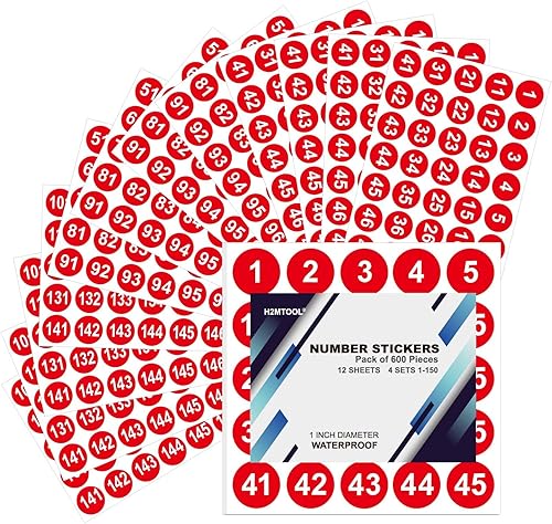 H2MTOOL - Calcomanías de números, 12 hojas, 600 piezas de 1 pulgada 1-150 etiquetas de números consecutivos para oficina, aula, organización de