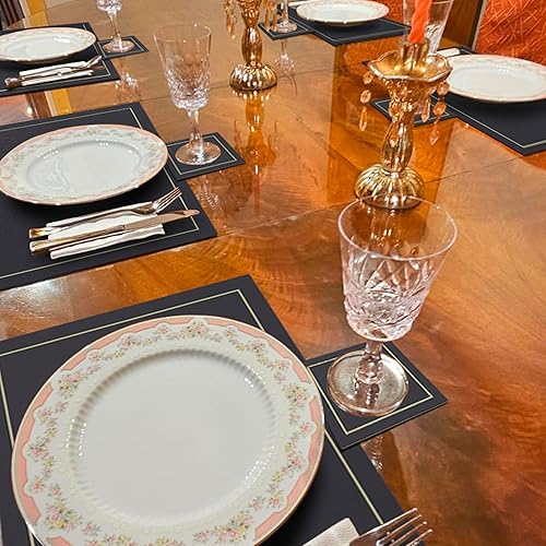 Miniatura 2 de Juego de 6 manteles individuales reversibles rojo/negro con posavasos – resistentes al calor y lavables