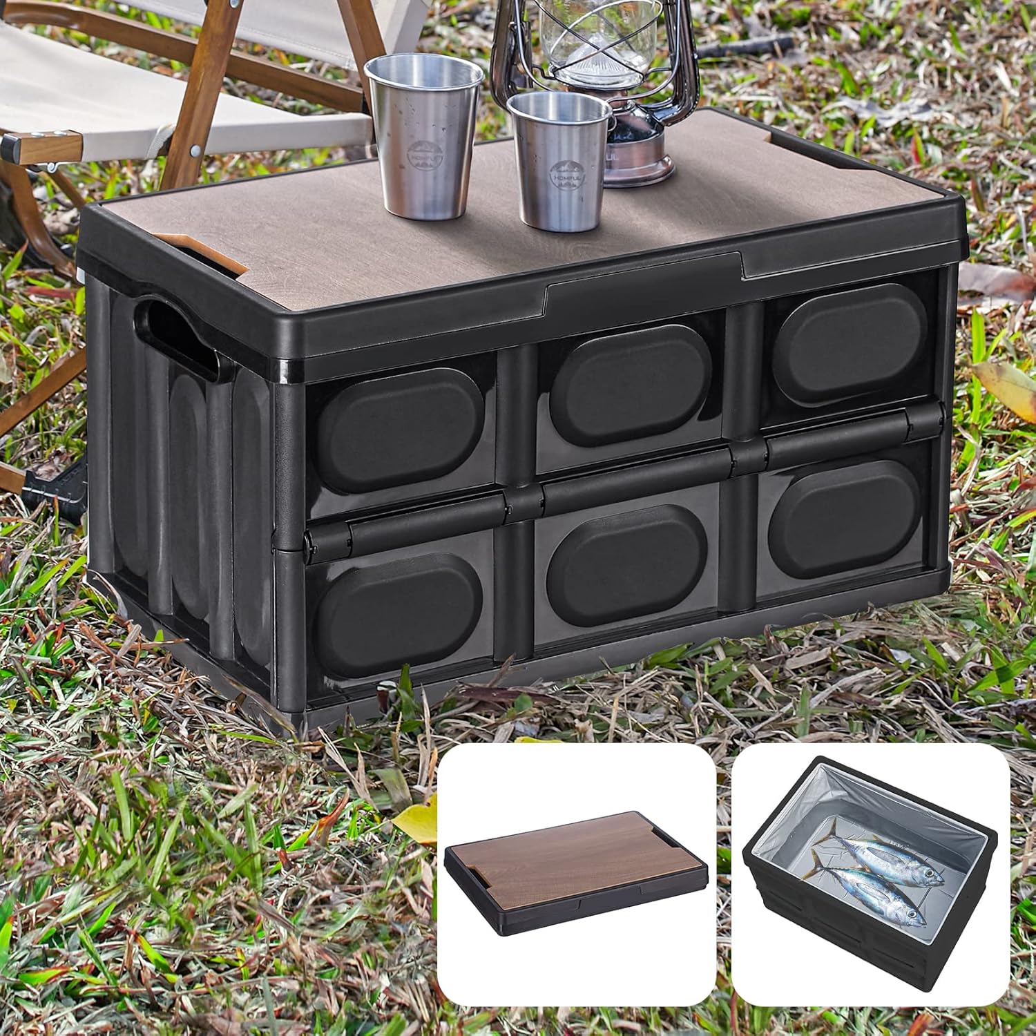 Caja de camping plegable para camping, accesorios para el maletero, organizador de coche, caja plegable, estable, apilable, caja de plástico con tapa con bolsillo para el maletero (55 L, Negro)