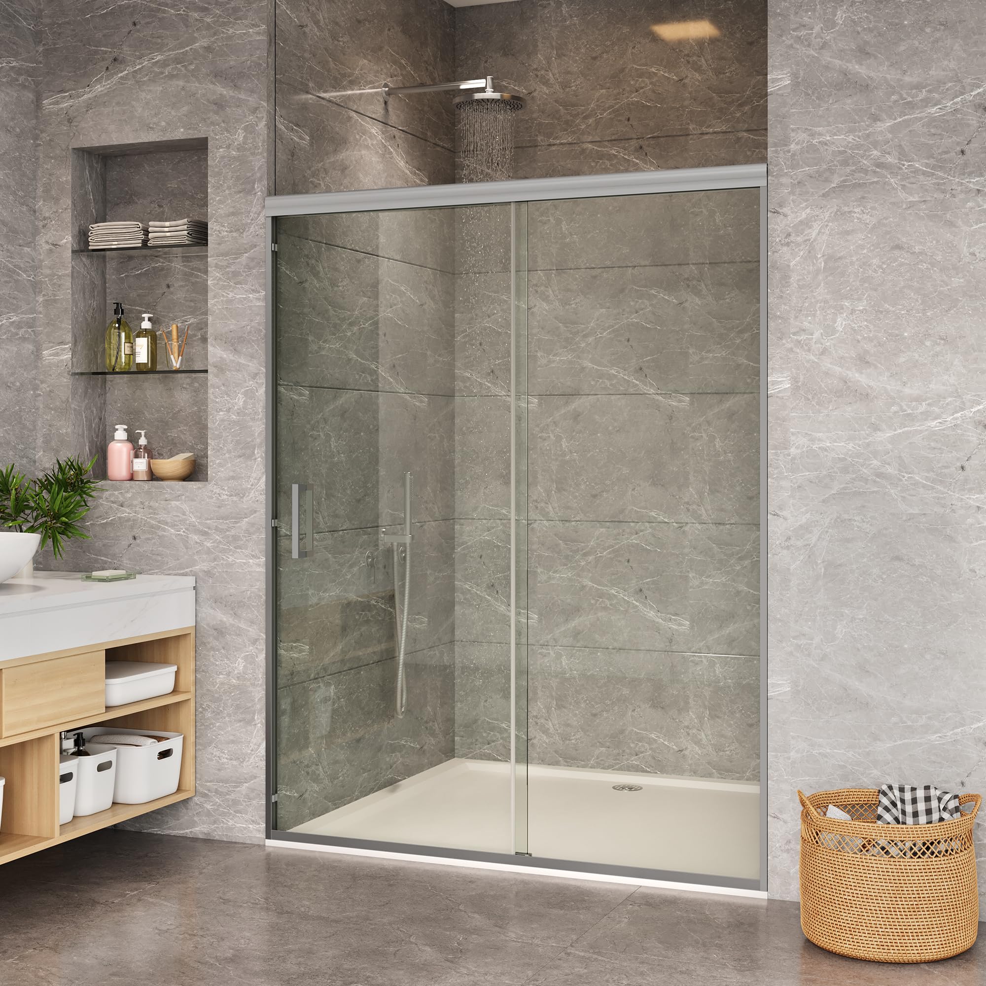 GarveeTech Sliding Shower Door, 44-48" W x 72" H Semi-Frameless Glass Panels with 1/4" Tempered Glass, Silver Frame, Contemporary Shower Doors for Walk-in Bathroom Remodel