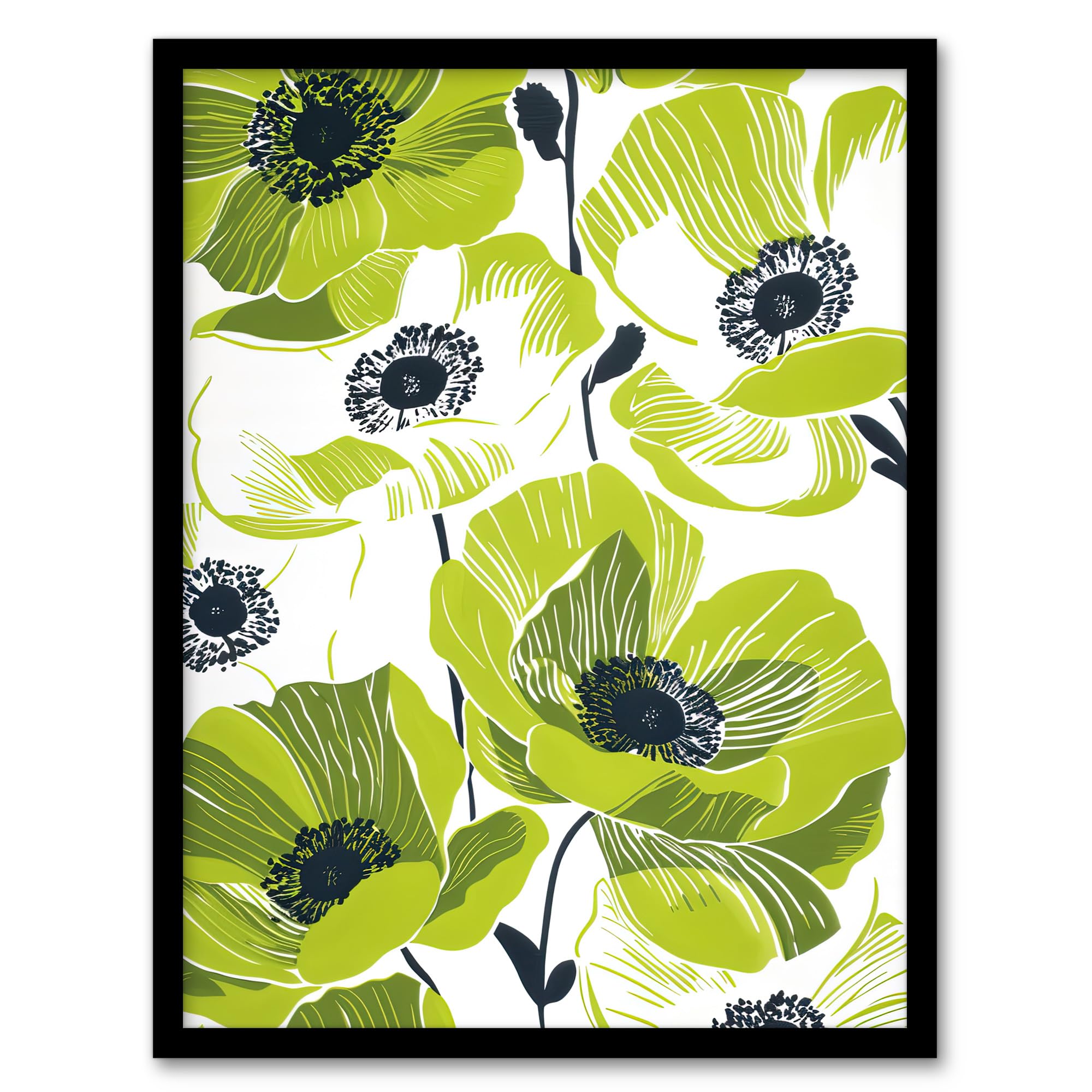 Artery8 Lime Green Poppy Flowers Poppies Floral Design For Living Room Artwork Framed Wall Art Print A4