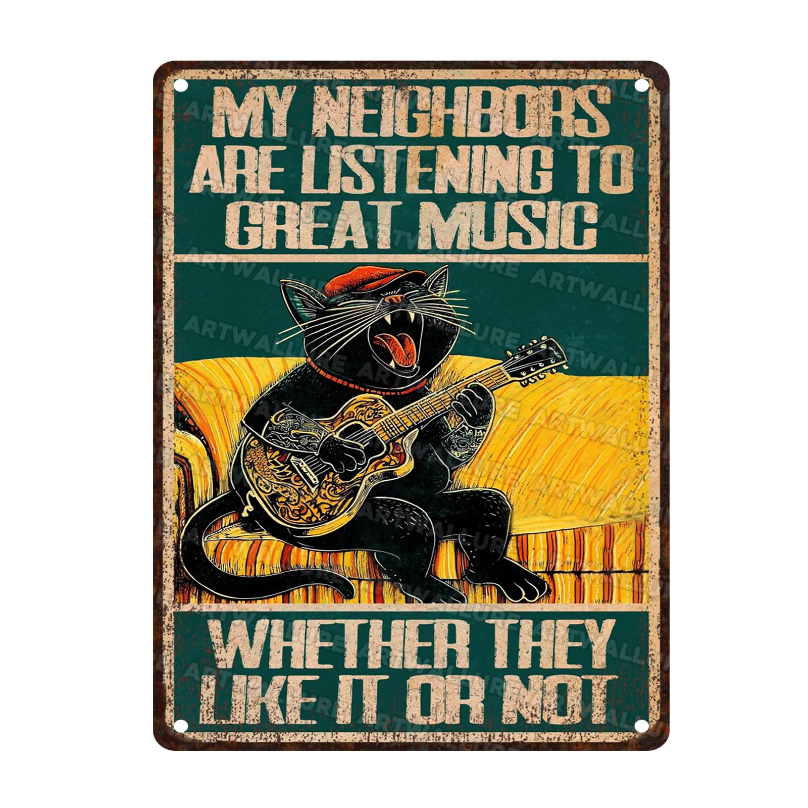 Funny Black Cat Vintage Sign My Neighbors Are Listening To Great Music Funny Guitar Sign Rock Music Wall Decor Man Cave 12x16inch