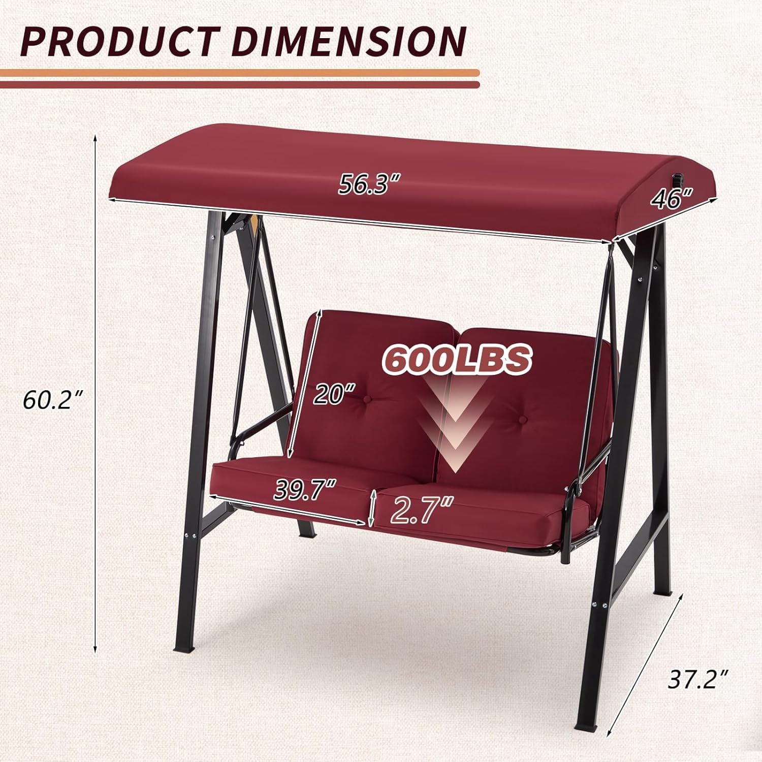 AECOJOY Outdoor Patio Swing Chair for Adults, 2-Seat Porch Swings with Adjustable Canopy, Outside Swing Bench with Removable Cushion, Suitable for Backyard, Garden, Yard, Poolside, Balcony, Burgundy