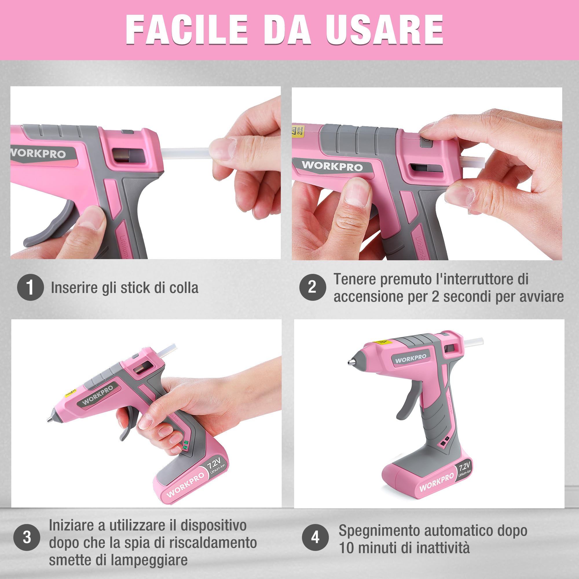 WORKPRO Pistola per Colla a Caldo 7,2V, a Batteria, Senza Fili e con Cavo, con 20 Stick di Colla, Riscaldamento Rapido in 30s, Ricarica USB-C, Erogazione Veloce, per Fai-da-te e Decorazioni