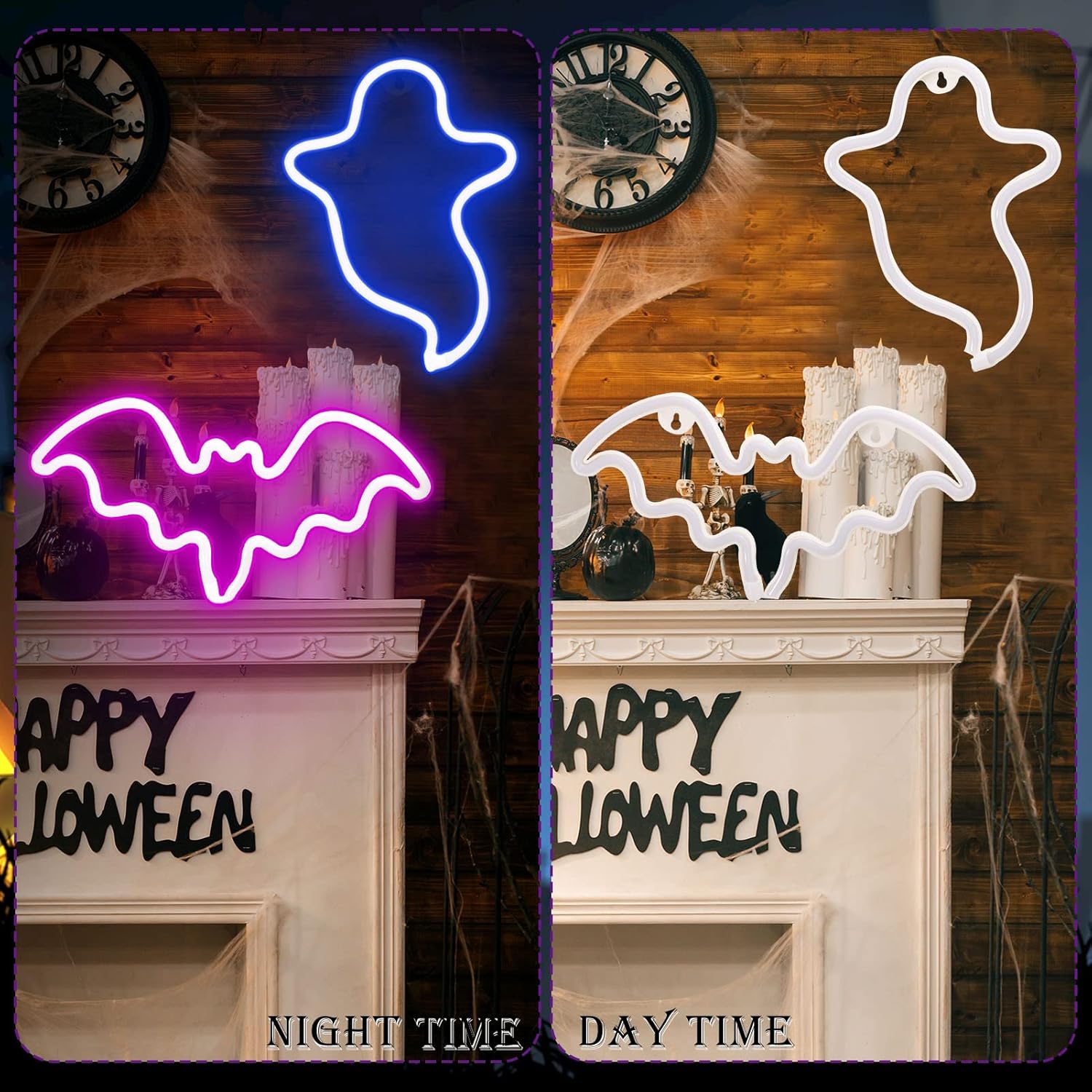 2 Pack Halloween Decoration LEDs Neon Sign Light Ghost Neon Sign Bat Lights Neon Signs Hanging Neon Signs for Halloween Party Decorations Indoor Home Window Decorations(Batteries Not Included) - Image 4