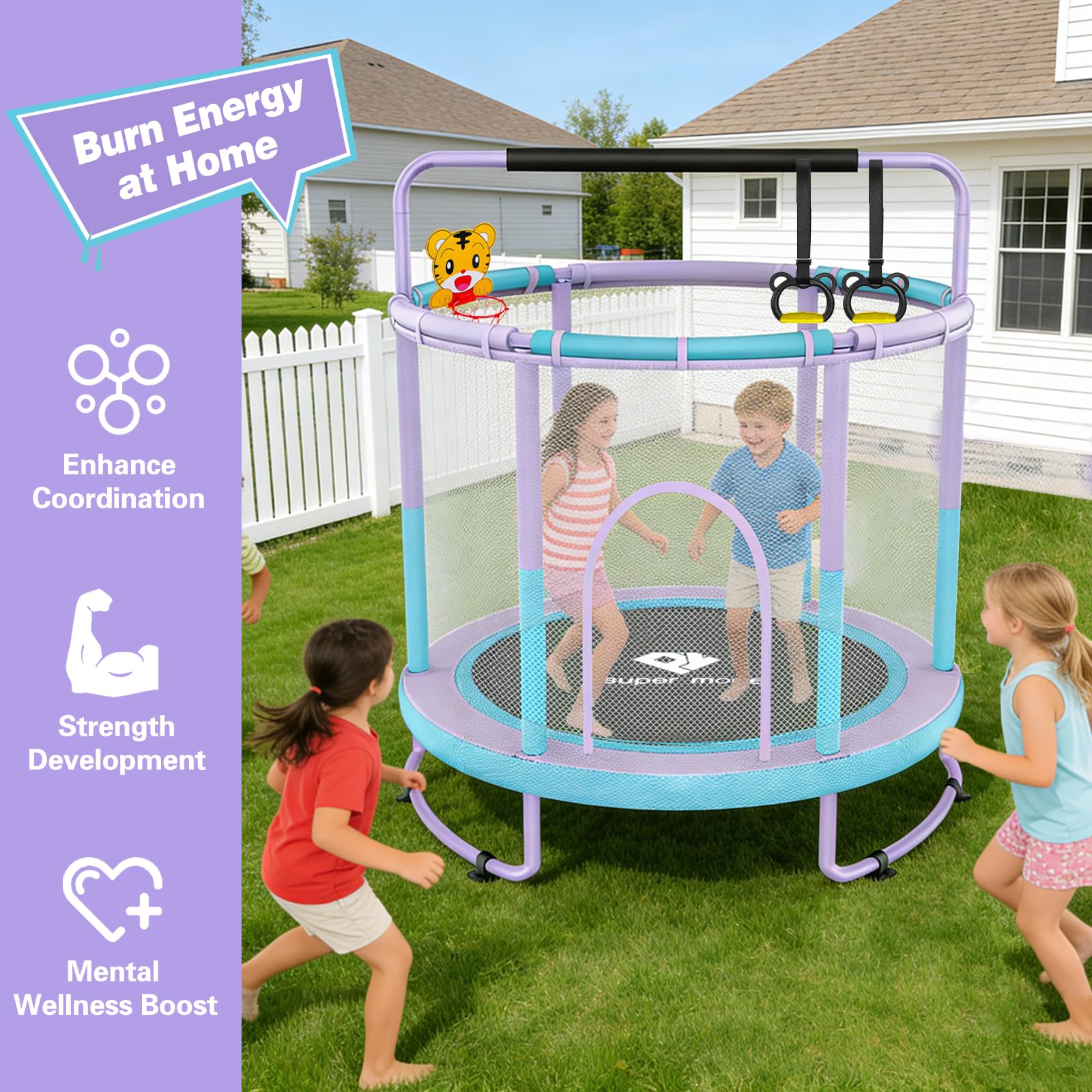 55-Zoll-Trampolin für Kinder für drinnen und draußen mit Sicherheitsnetz, Kleinkind-Trampolin mit Verstellbarer Turnstange und Spielzeug, lückenloses Sicherheitsdesign (lila und blau)