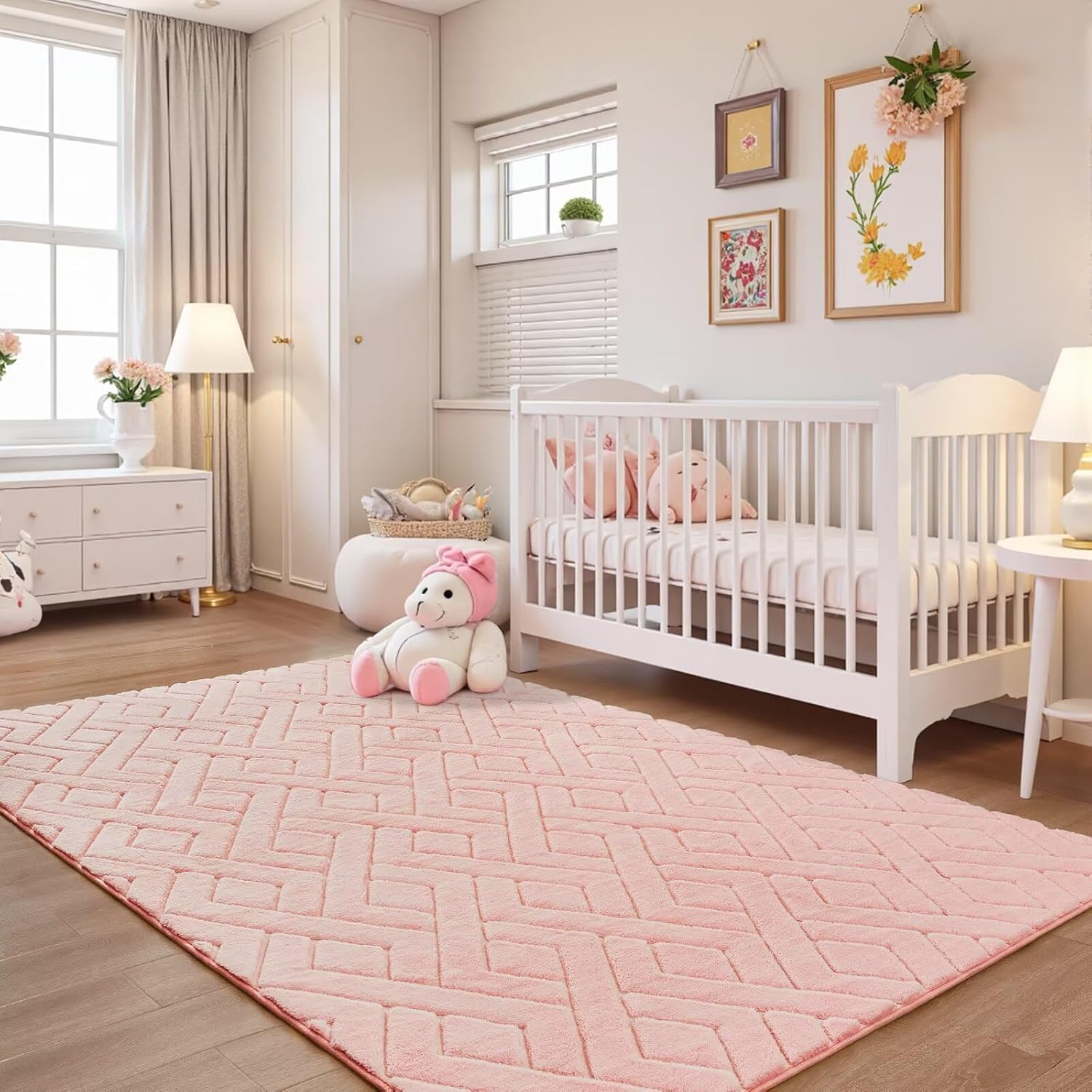 5x7 Pink Washable Area Rug for Girls Bedroom Living Room, Modern Geometric Shag Non-Slip Rugs, Fluffy Plush Soft Memory Foam Carpet for Kids Room Nursery Decor - Image 5