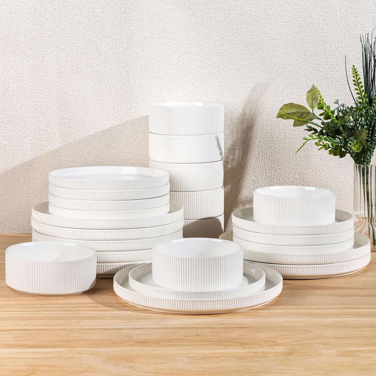 (Incomplete) TheTerra Ceramic Dinnerware Sets for 8, 24 Pieces Porcelain Lightweight Plates and Bowls Sets, Scratch Resistant Dish Set, Oven & Microwave & Dishwasher Safe, Bright White White Service for 8