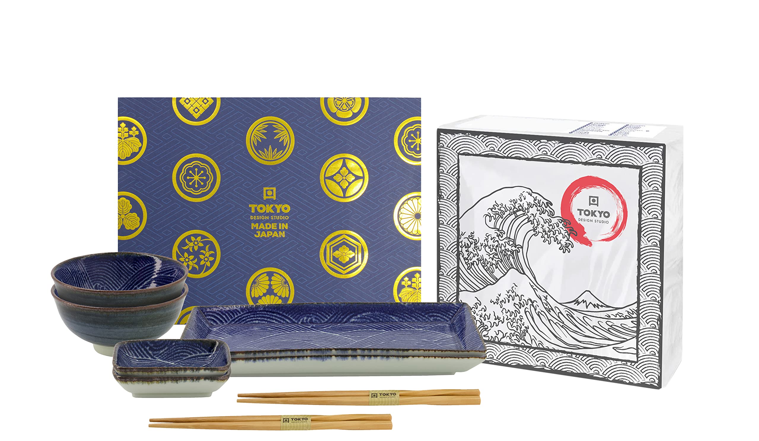 TOKYO design studio Seigaiha Sushi-Sets blau -weiß, 8-TLG., 2X Sushi-Platten, 2X Saucenschalen, 2xReisschalen, Stäbchen, asiatisches Porzellan, inkl. Geschenkverpackung und exklusiven Servietten
