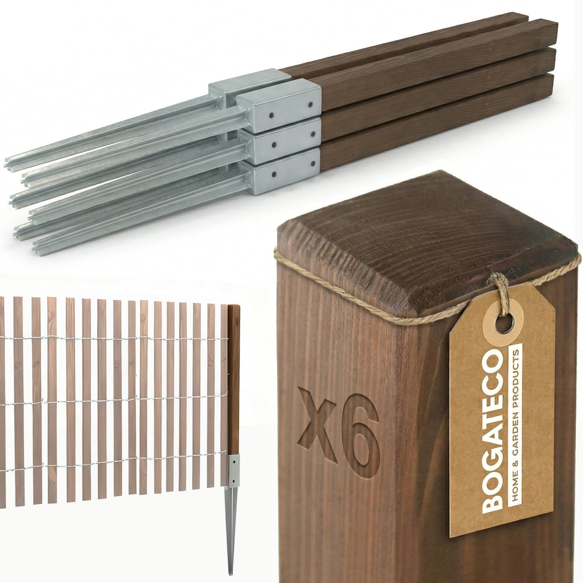 BOGATECO Postes de madera impregnada, 120 x 5 x 5 cm, juego de 6 postes cuadrados con cabeza plana con casquillo para el suelo, madera cantada, madera marrón oscuro
