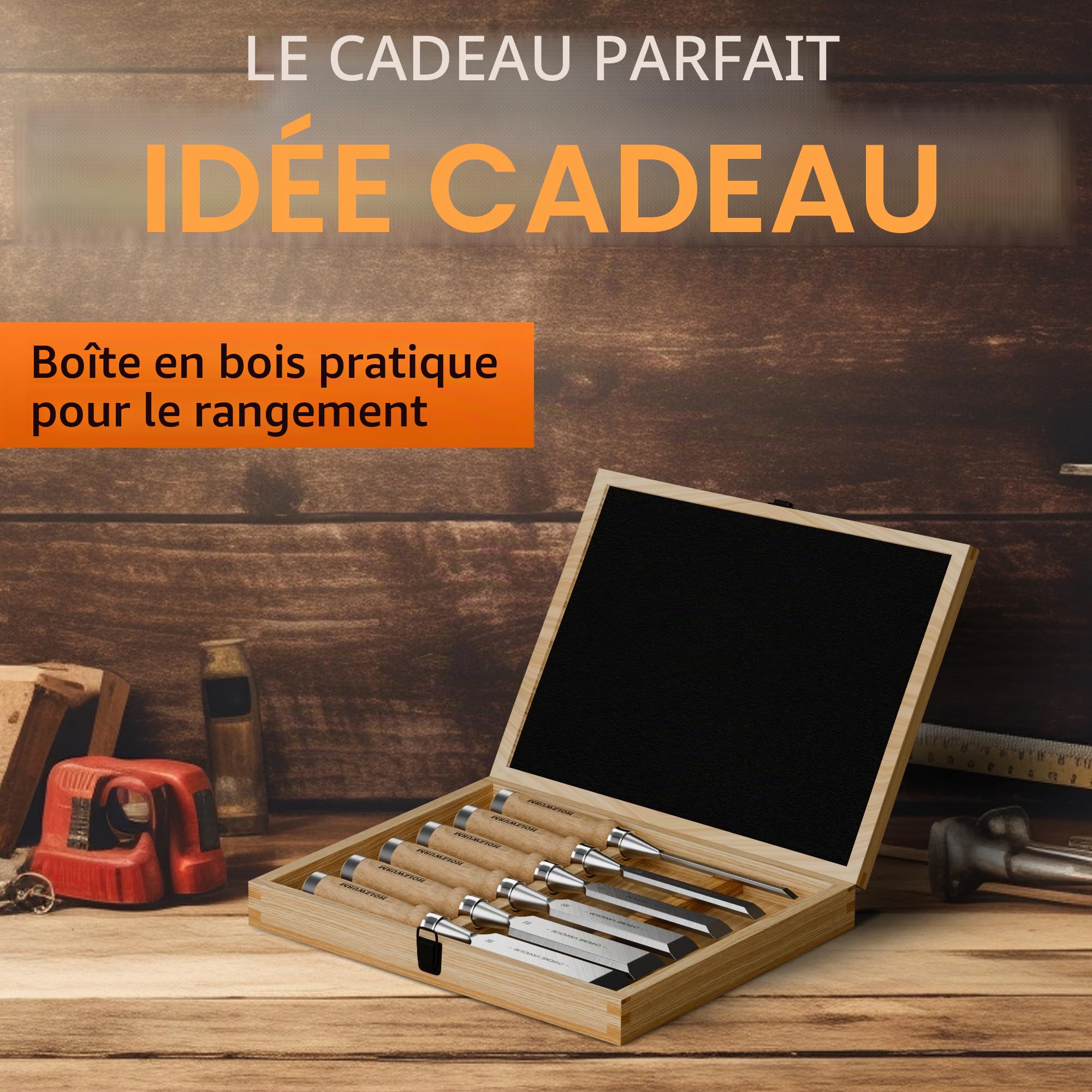 HOLZWURM Ensemble de 6 ciseaux à bois professionnels Ensemble de ciseaux à bois avec pierre d’affûtage, instructions pour aiguiser et mallette en bois