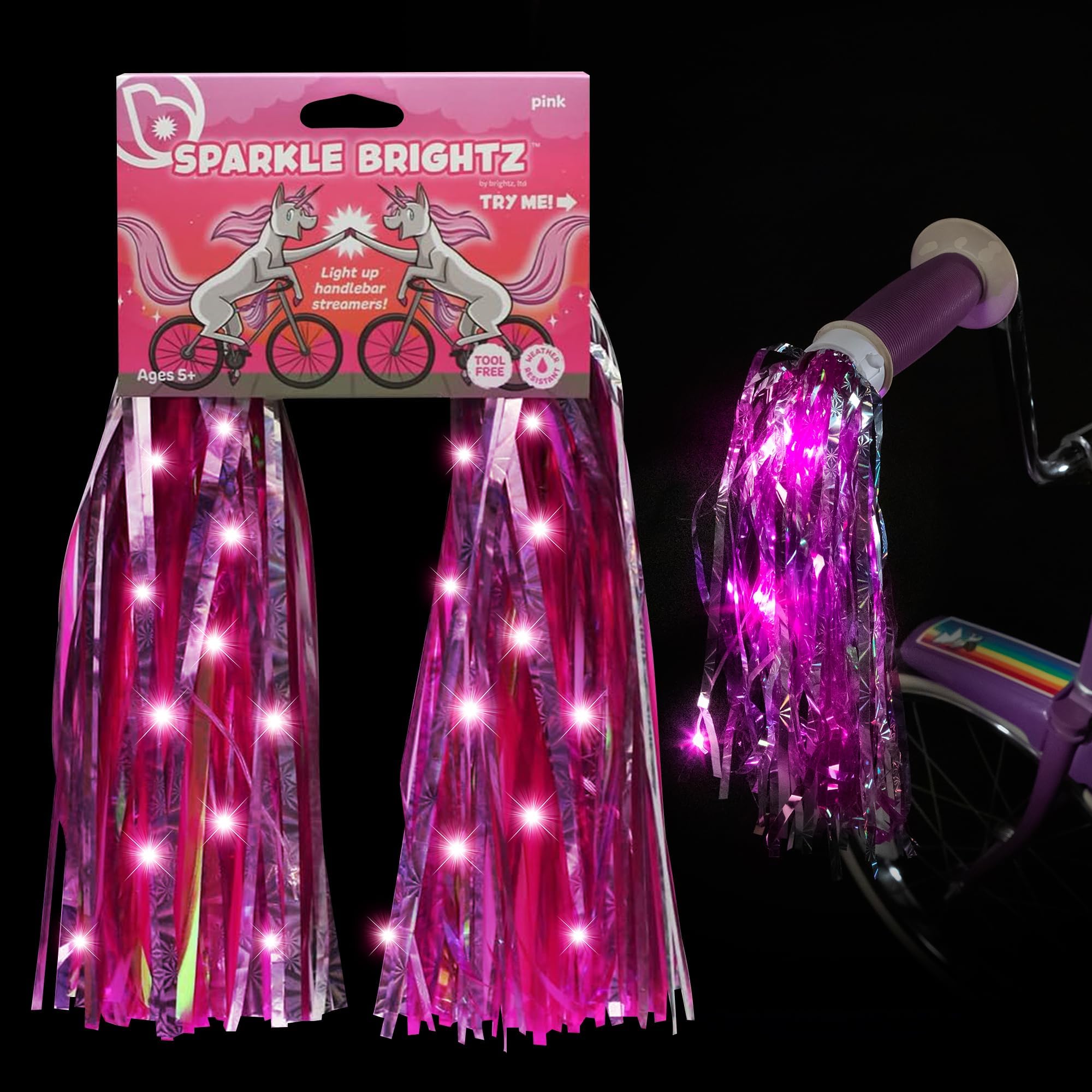 - SparkleBrightz LED Light Up Bike Streamers, 2-Pack - LED Light Up Tassels for Bikes & Scooters - Add Glimmer & Shine to Your Handlebars - Batteries Included