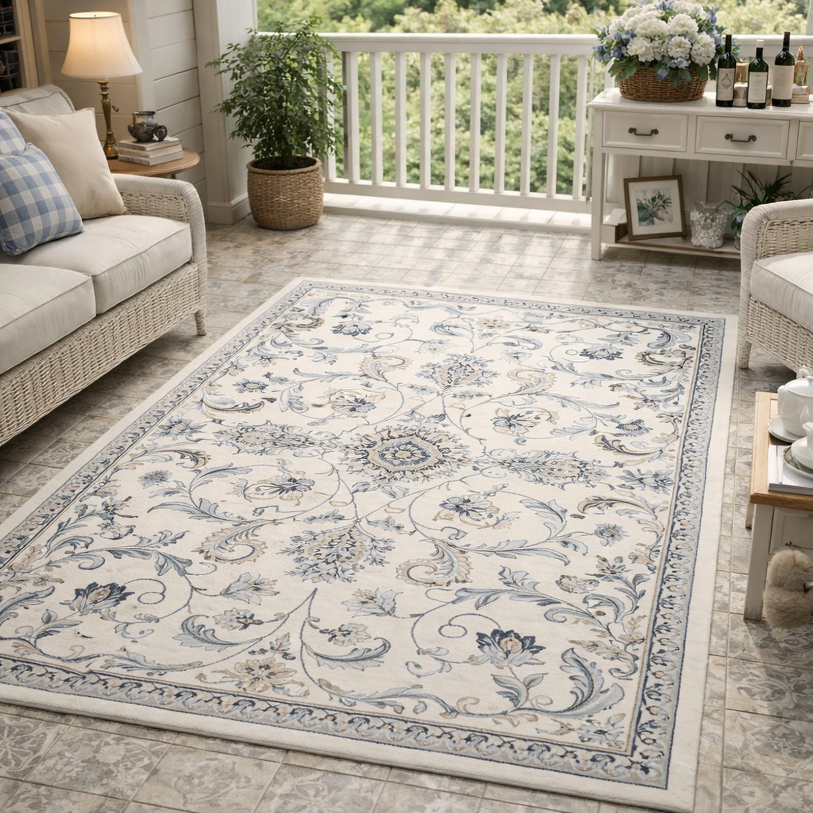 Tapis de chambre adulte à poils ras résistants et motif fleurs blanches traditionnelles 160x230