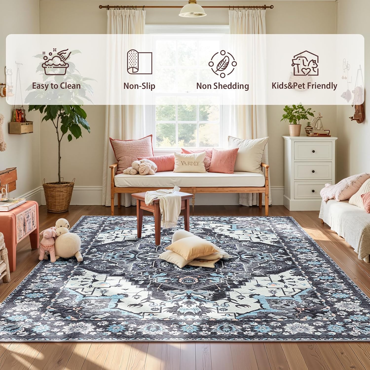 Terrug 5x7 Area Rug for Living Room, Vintage Washable Rugs with Non-Slip Backing for Bedroom, Low Pile Stain-Resistant Boho Carpet for Dinning Room Drom Farmhouse Home Decor (Black and White)