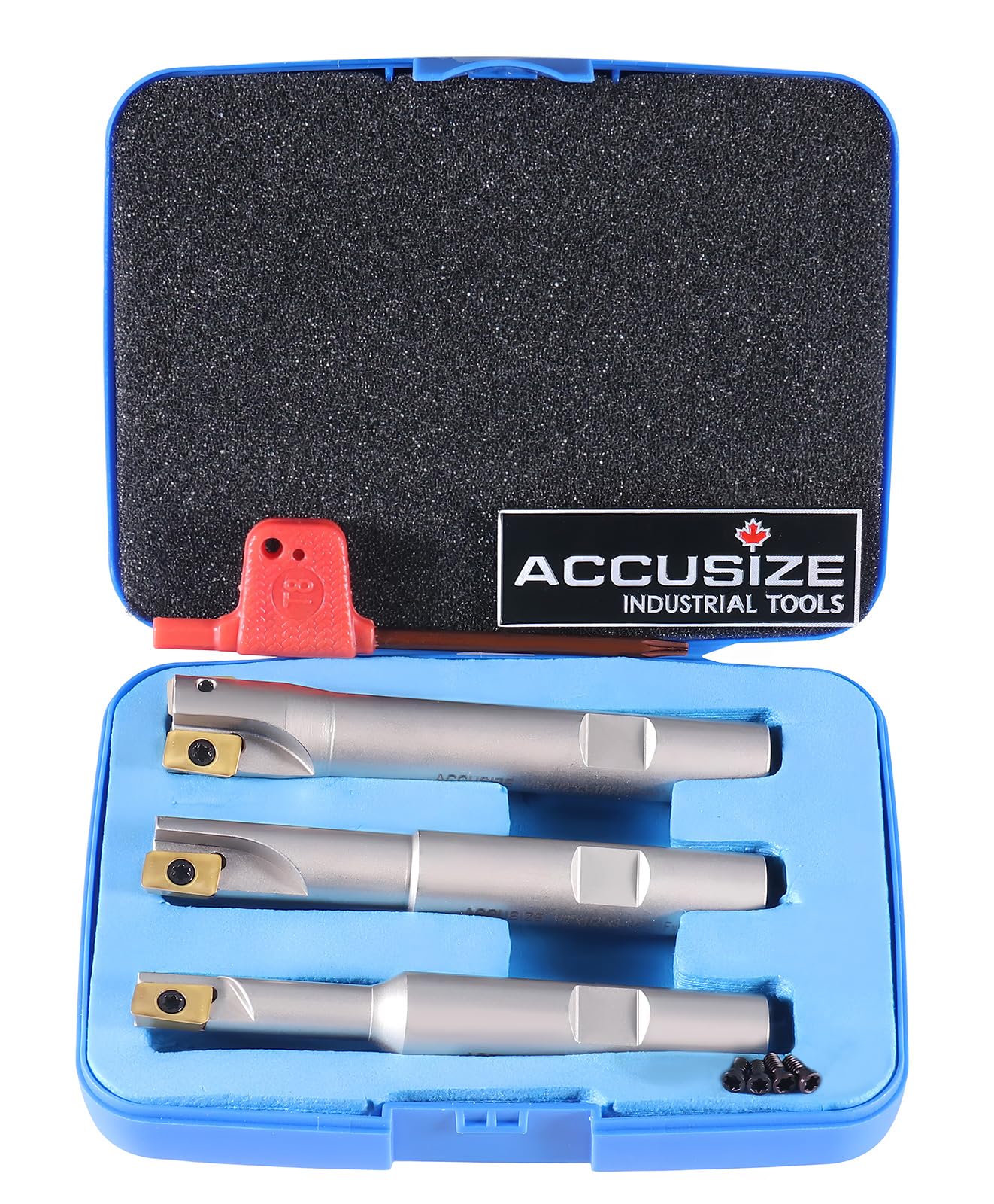 Accusize Industrial Tools Indexable End Mill 3 Pc 38 to 58 0028-8308 | 90 Square Shoulder APKT11T308 TiN Coated Carbide Inserts 12 Shank Nickel Plated Extra Screws and Torx Wrench in Case product thumbnail 2