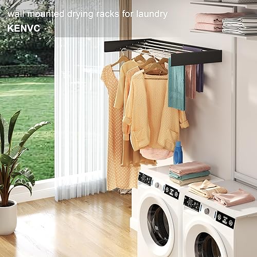 Miniatura 7 de Estante de secado montado en la pared, 31.5 pulgadas de ancho, 13.2 pies lineales, 5 varillas de aluminio, capacidad de 40 libras, estante de secado
