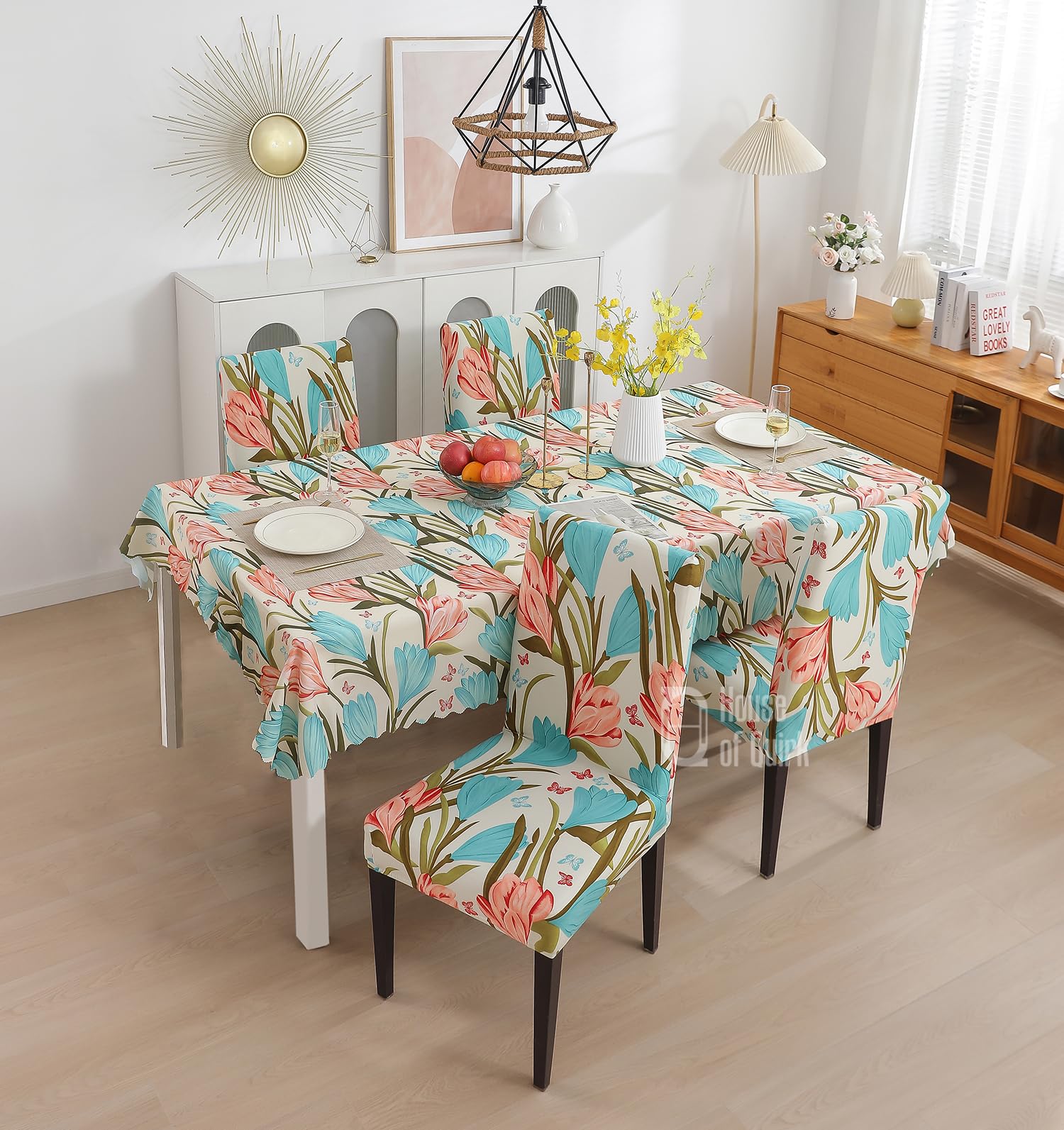 House of Quirk Polyvinyl Chloride (PVC) Dining Chair Cover With Rectangular Table Covers For Kitchen Waterproof Dining Table Cloth (Poppy, 1 Table Cover + 4 Chair Cover), Multicolor