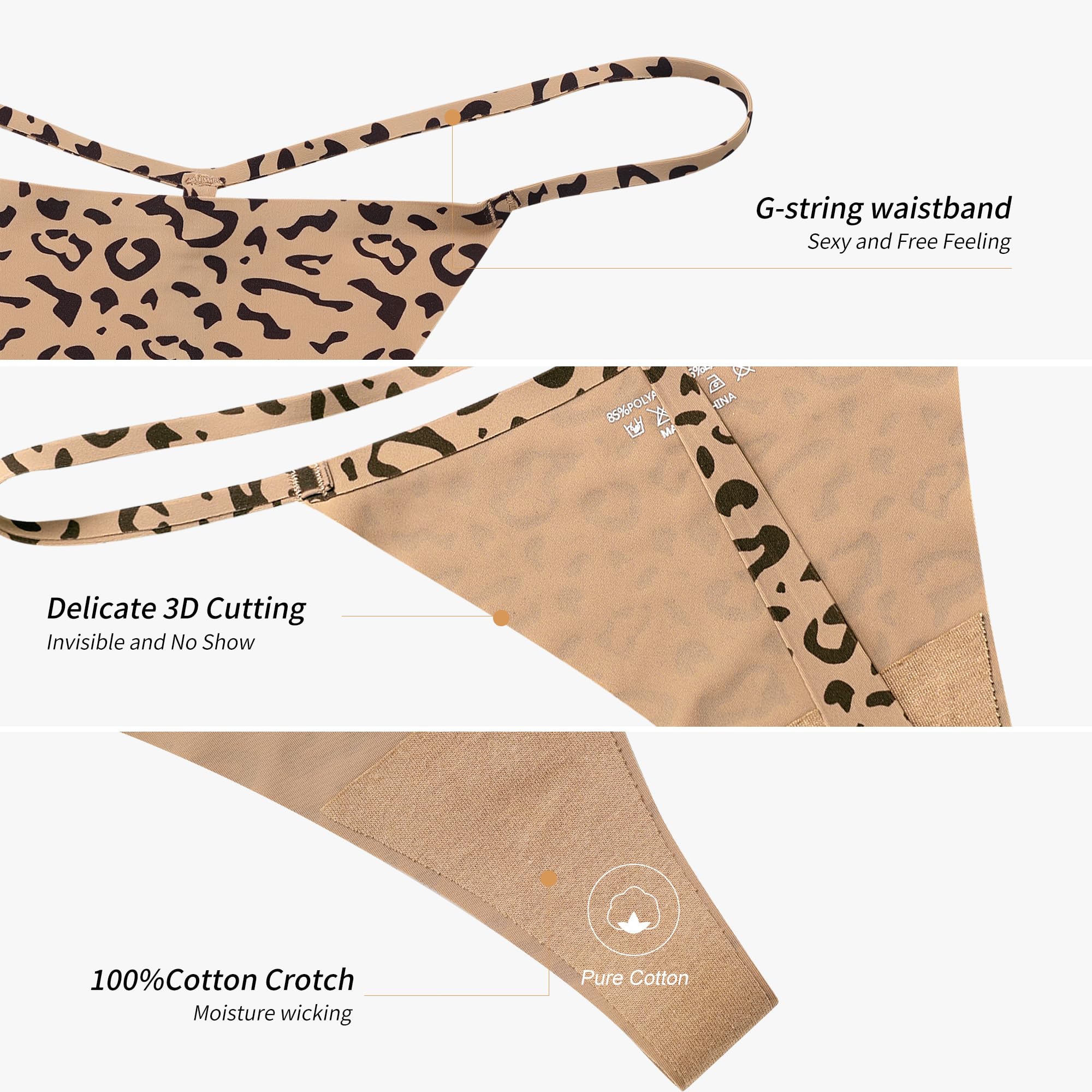 DEANGELMON Seamless G-string Thongs for Women - No Show Thong Underwear Low Rise Stretch Panties Workout Pack: Medium Leopard Print - 5 Pack