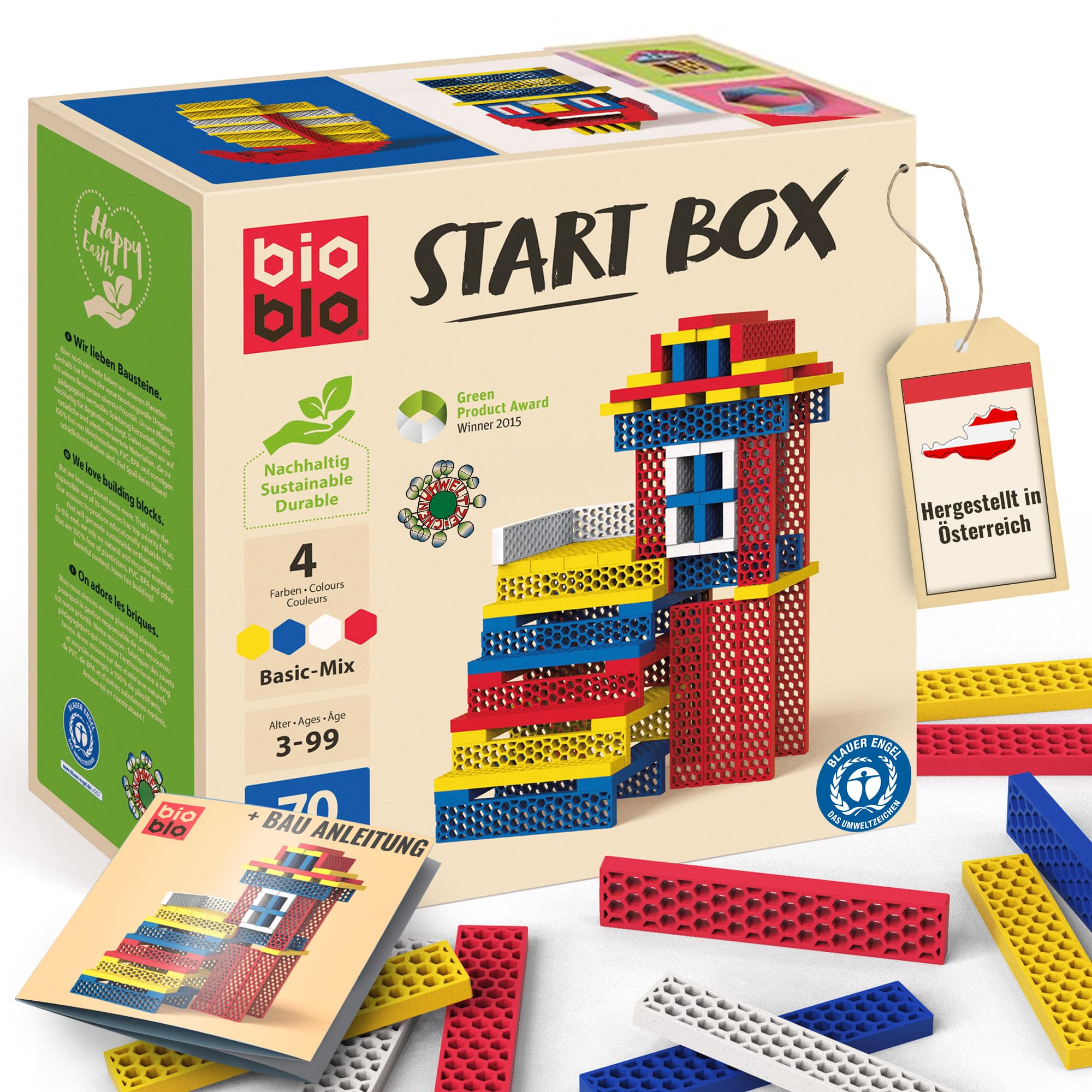 Bioblo Sustainable Wooden Craft Blocks, Start Box, Basic Mix with 70 Pieces, Colourful Building Blocks for Children from 3 Years, Christmas, Wooden Blocks, Natural Wooden Building Blocks