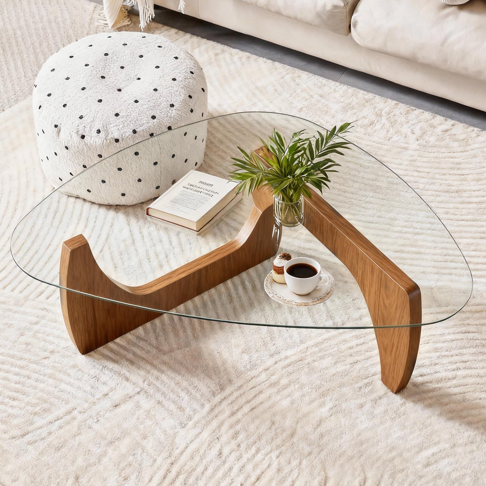 Photo 1 of **BASE HAS SOME DAMAGE** Modern Glass Coffee Table, 45in Large Mid Century Coffee Table, Unique Wooden Triangle Center Tables with Wood Legs, for Bedroom Living Room Reception Office(Walnut Transparent, 45in) 1
