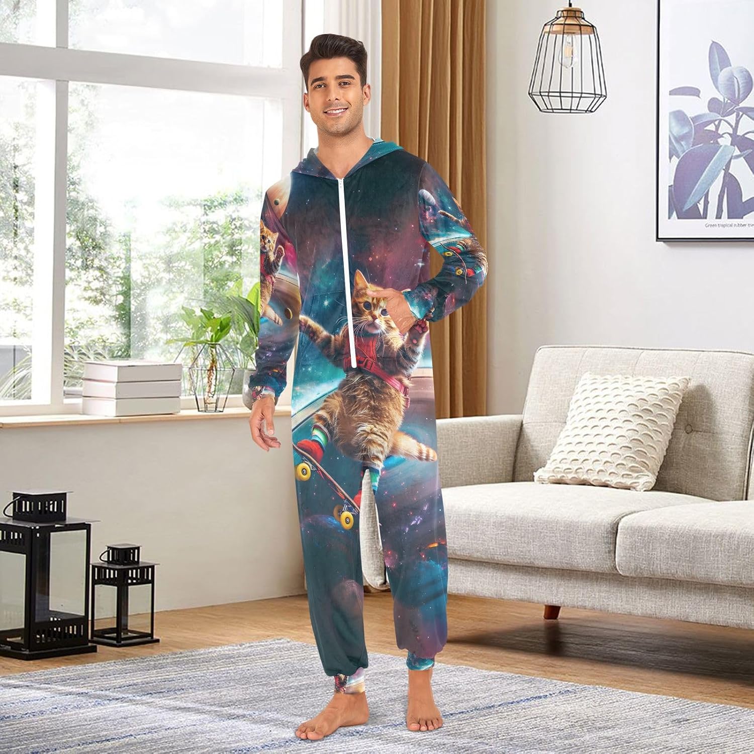 Funny Astronaut Cats Galaxy Unisex Adult Onesie Pajamas Comfy One Piece Costume Jumpsuits Novelty Sleepwear Homewear for Men Women