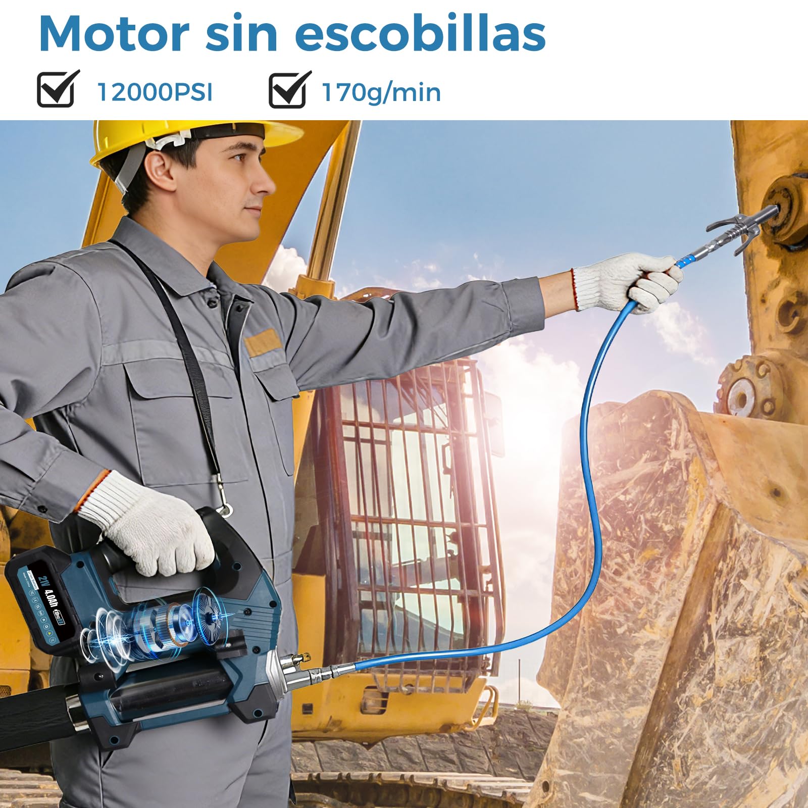 Bostar Pistola de Engrase 12000 PSI Eléctrica Bomba de Engrase a Batería con 2 Baterías 4.0Ah(Compatible Makita 18V), Motor Sin Escobillas, Manguera 1m y Adaptador para Maquinaria Agrícola y Camiones
