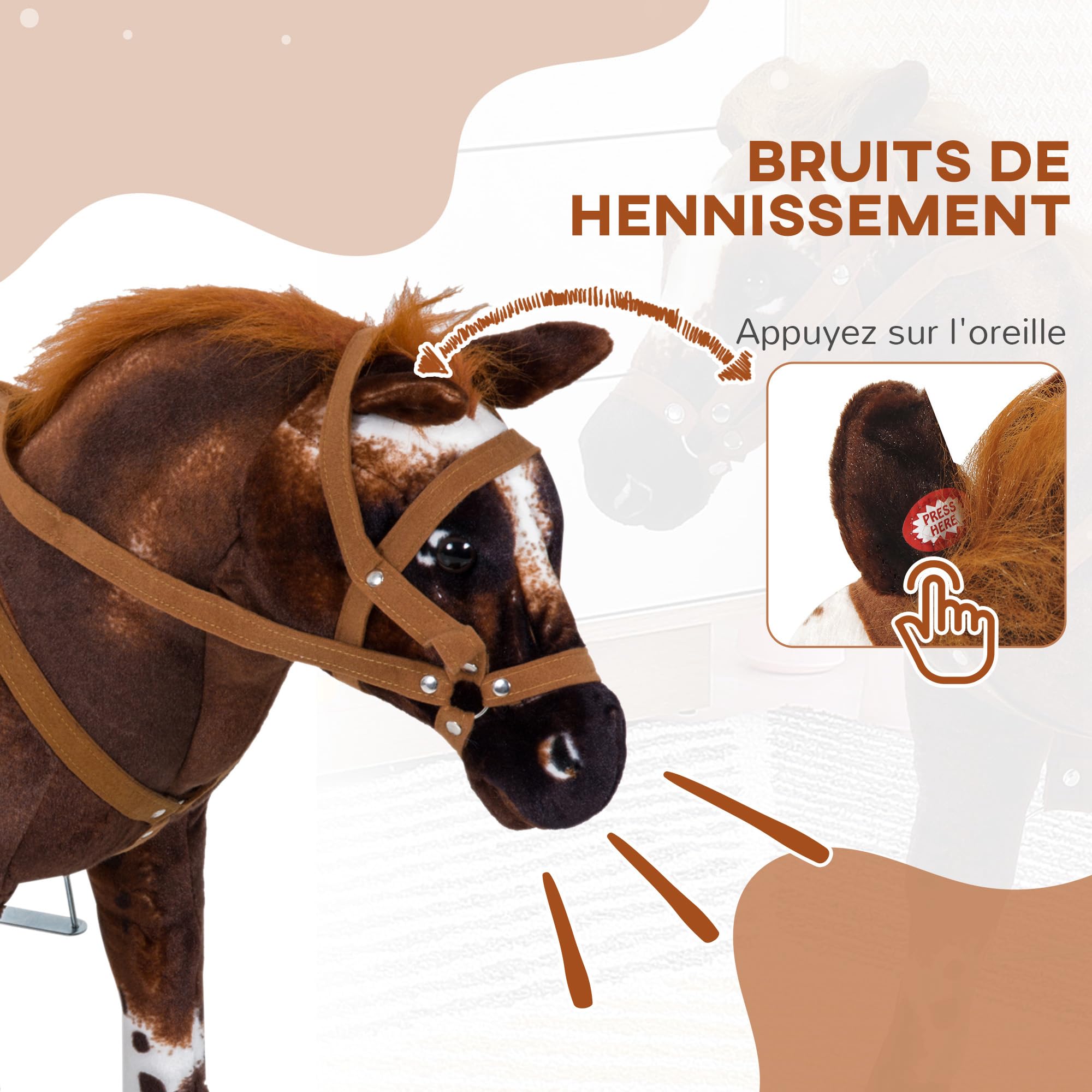 HOMCOM Cheval Debout en Peluche Effets Sonores 85L x 28l x 60H Marron Blanc
