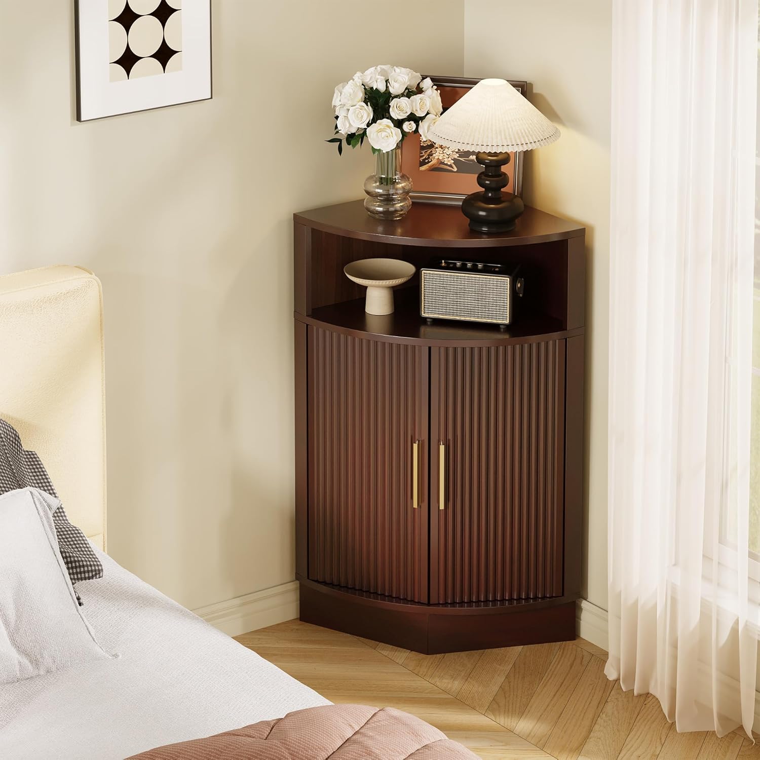 FiveWillowise Small Corner Cabinet, Modern Corner Cabinet with Fluted Door and Open Shelf, Space Saver for Home Corner, Living Room, Kitchen, Bathroom, Brown