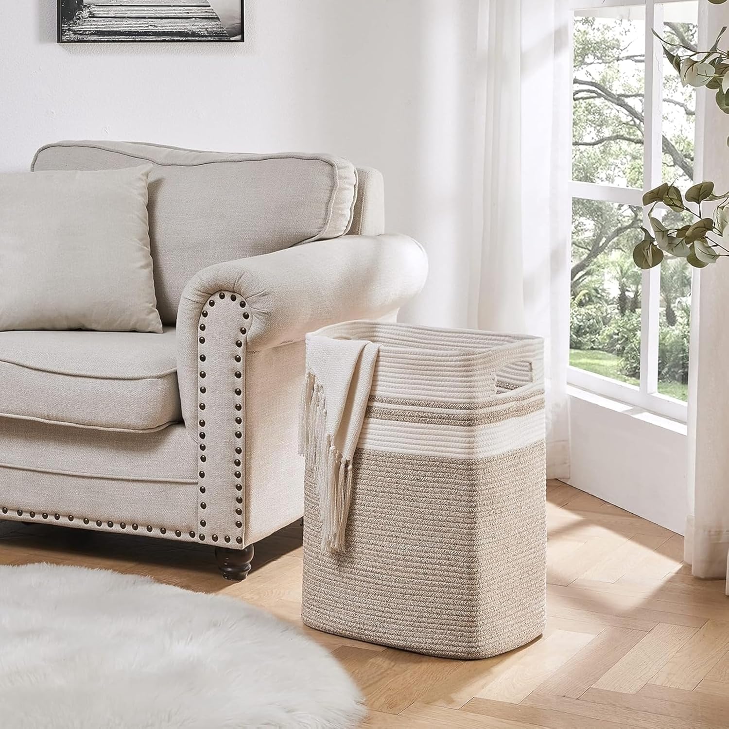 Oversized Laundry Hamper Basket, Natural Cotton, Collapsible for Easy Storage - 16x13x22 Inches