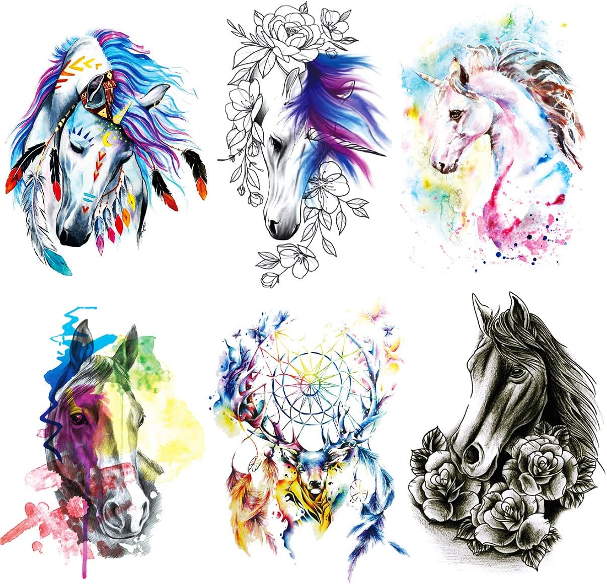 Unicorn Temporary Tattoos, 6-Sheet Large Fake Unicorn Half Arm Sleeve Tattoos Sticker for Adult Kids Parties Halloween Cosplay Makeup