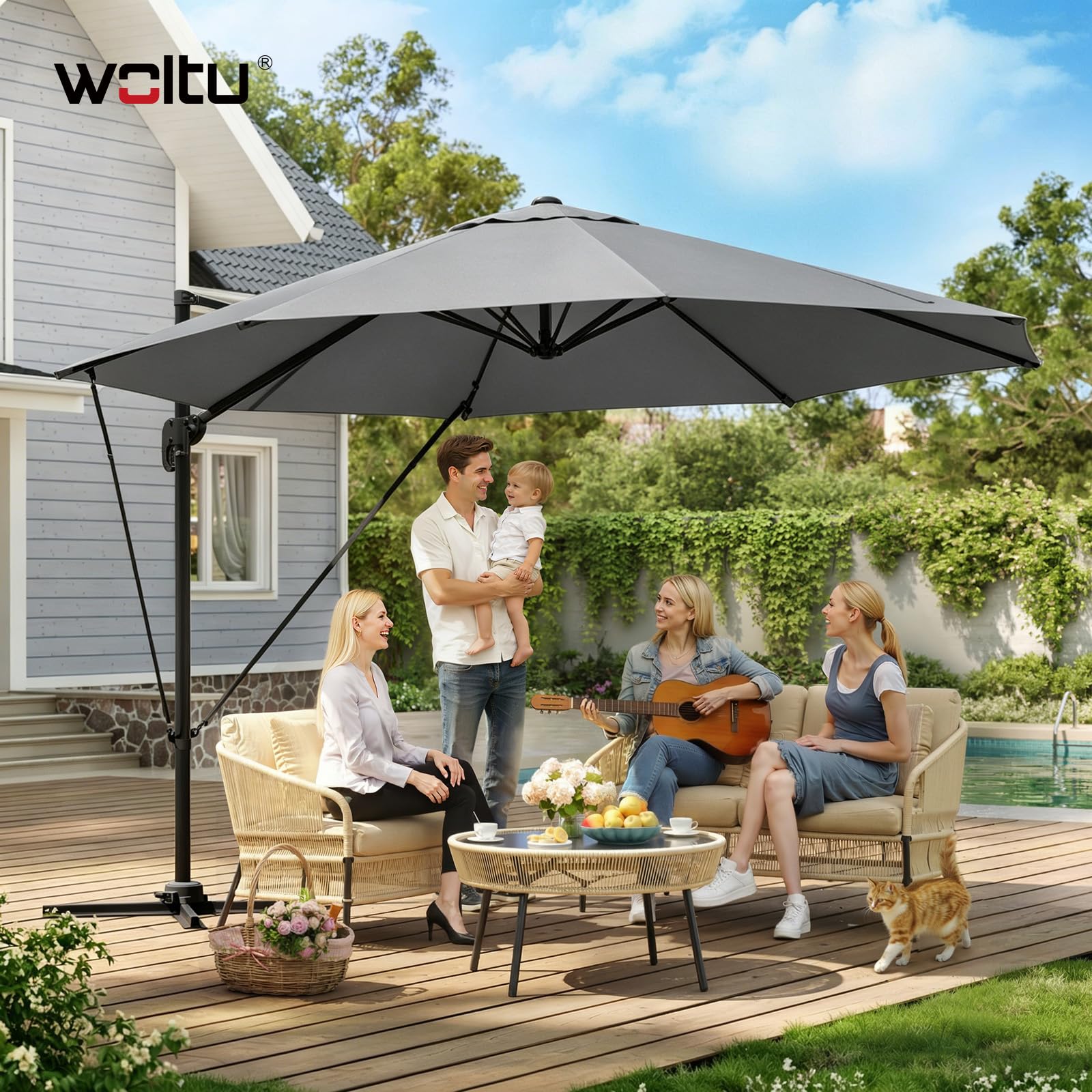 WOLTU Sombrilla Parasol Ø 3 m, Parasol Jardin Giratorio 360°, UPF 50+, Ajustable de 5 Niveles, con Base Manivela Mástil de Metal, para Terraza Playa Piscina Mercado Patio Exterior
