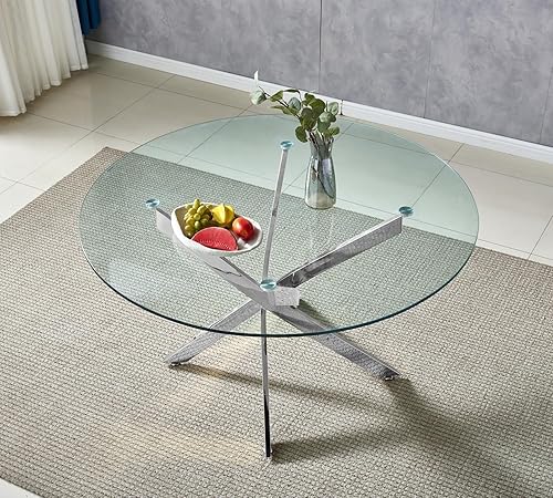 Miniatura 4 de Juego de 4 mesas de comedor modernas de 5 piezas, mesas de comedor redondas de vidrio templado de 36 pulgadas y 4 sillas de comedor negras de cuero,