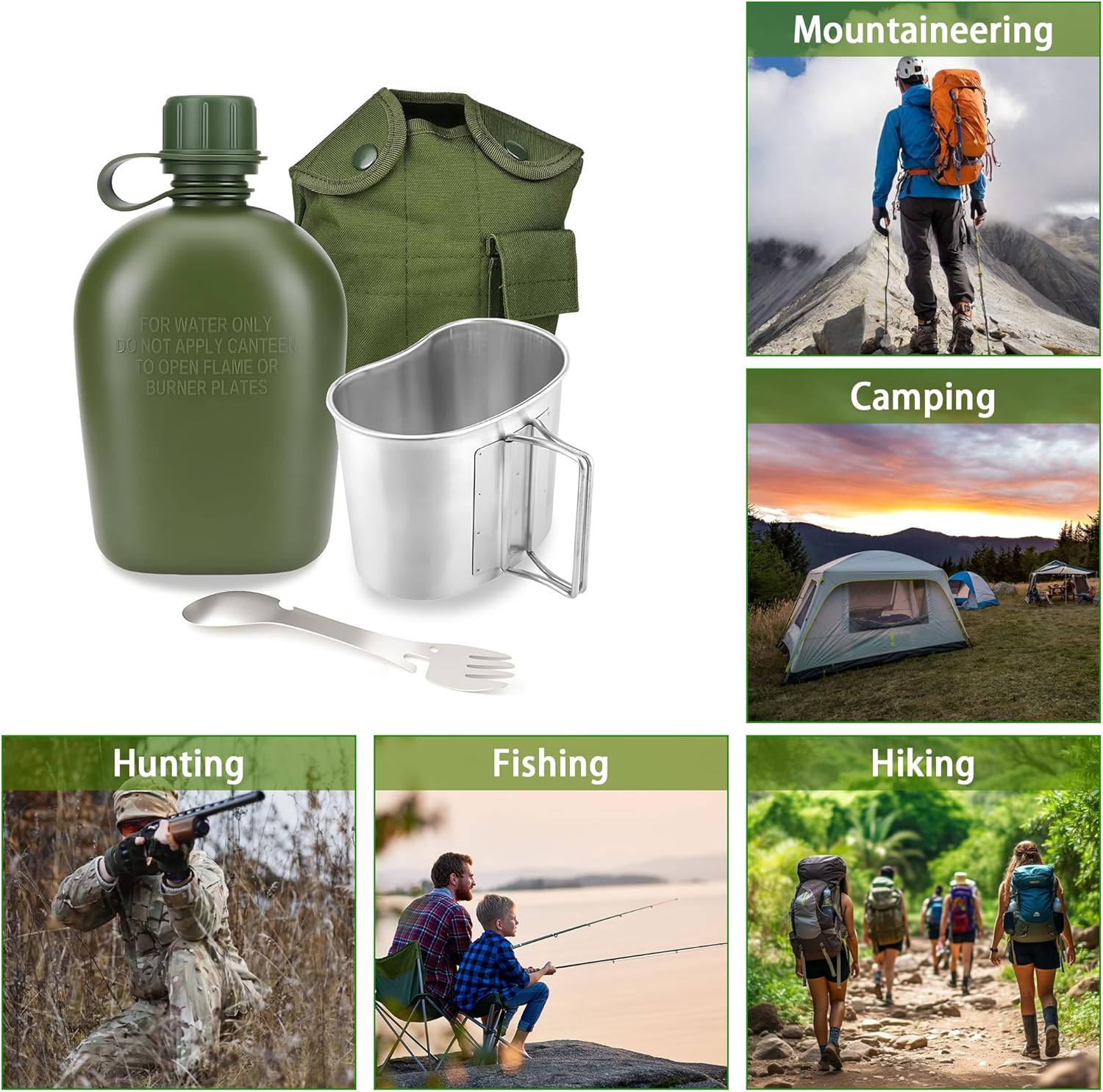 ShenDu Military Canteen, WWII US GI Style 1 Quart Water Canteen Kit with Aluminum Canteen Cup, Stainless Steel Spork & Cover for Camping, Hiking, Backpacking - Image 8