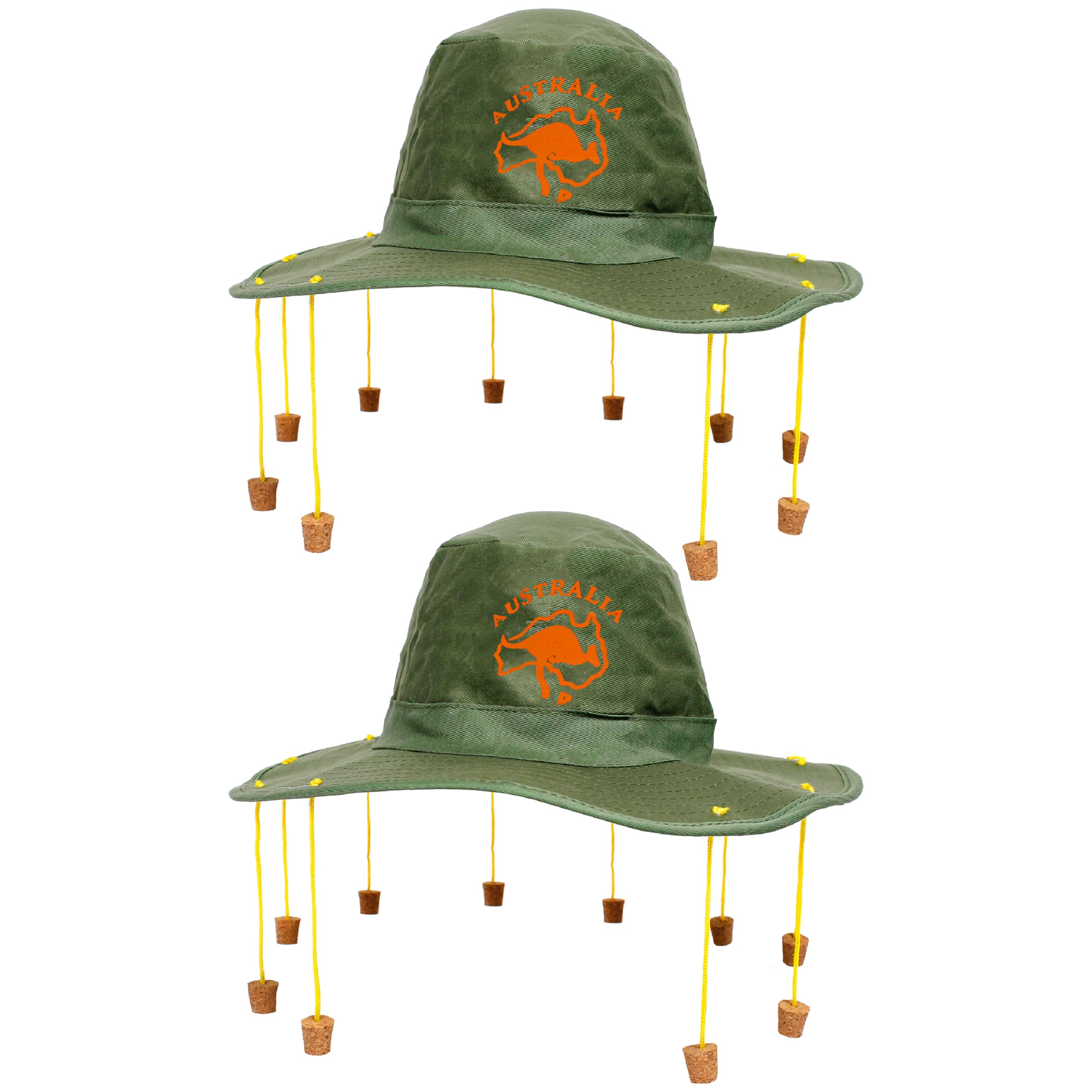 Australian Cork Hat - Pack of 2 - Green Hat with Orange Kangaroo Print and Attached Corks on Strings - Australia Day Fancy Dress Costume Accessory