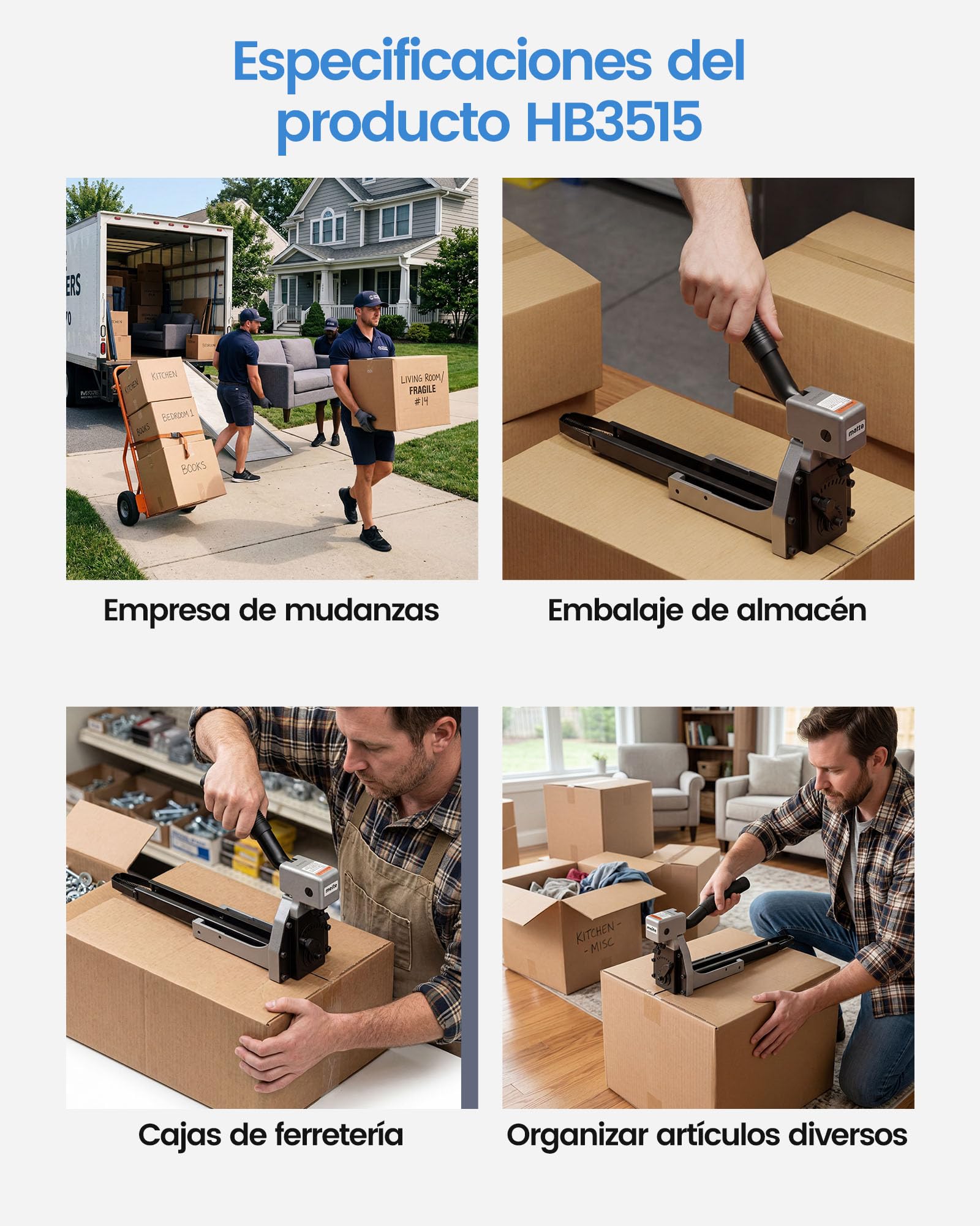 meite HB3518 Grapadora Manual para Cajas, Cerradora de Cartón Calibre 16, para Cartón Ondulado de 1–8 mm, Compatible con Grapas de Corona 34,7 mm y Pata 18 mm, Sin Aire