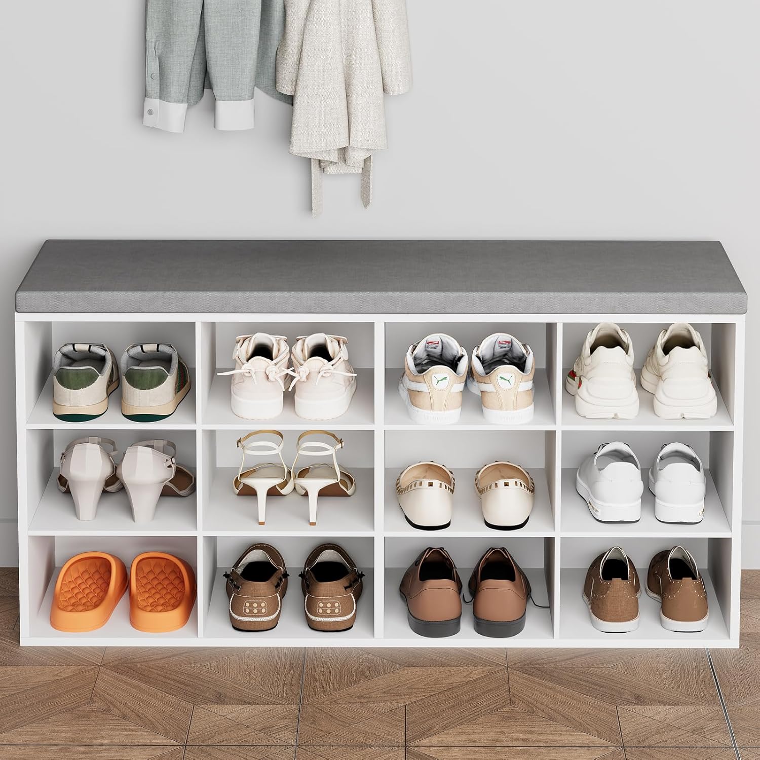 12-Cubby Shoe Rack with Cushion, 3-Tier Wood Shoe Organizer, Multifunctional Shoe Organizer Bench for Entryway, Mudroom, Hallway, Closet,36.22 * 11.81 * 17.7 Inch, White
