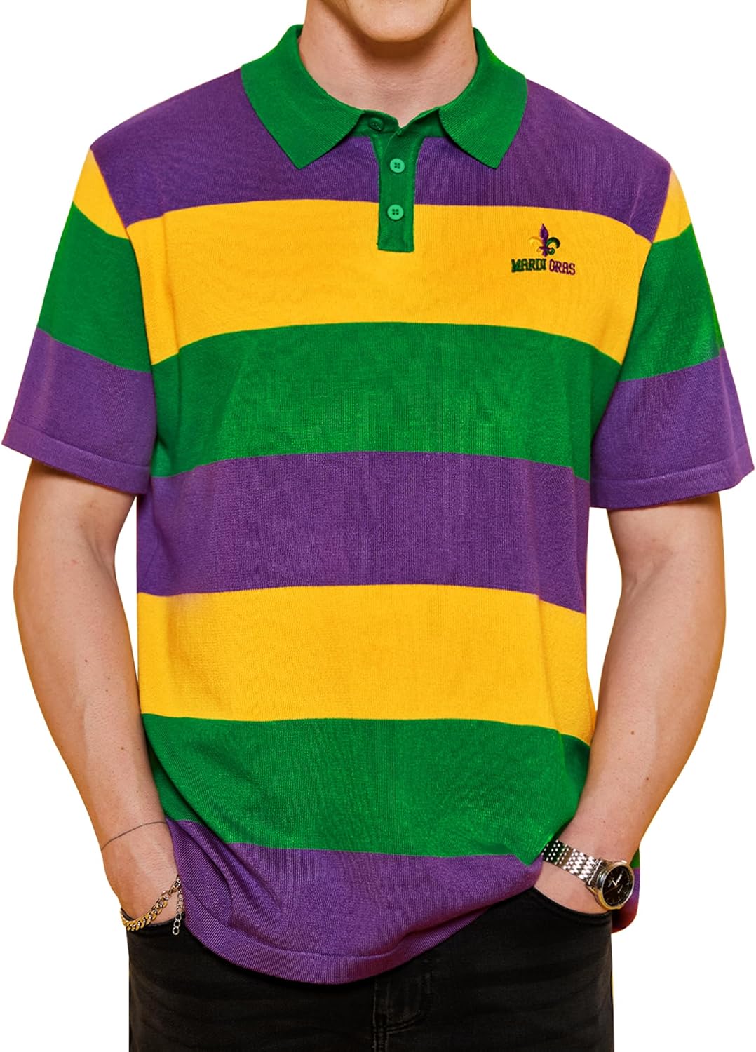 Arvilhill Men's Mardi Gras Polo Embroidered Striped Carnival Shirt (S-3XL)