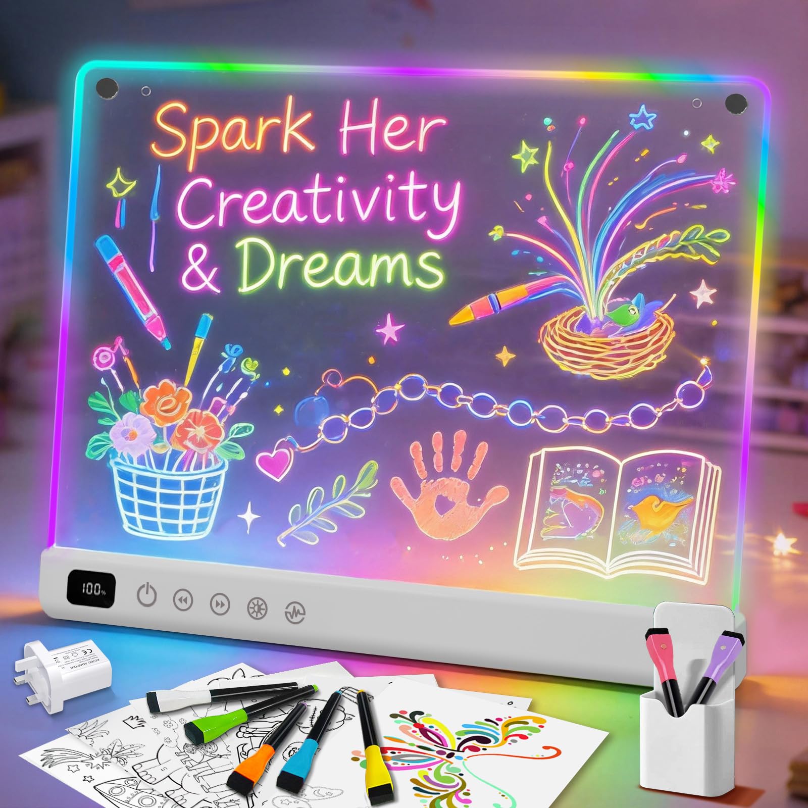 Tavola da disegno a LED per bambini con 13 effetti di luce, 35 x 25 cm, ricaricabile, lampada da disegno a LED con colori, luce al neon, regalo per Natale e compleanno