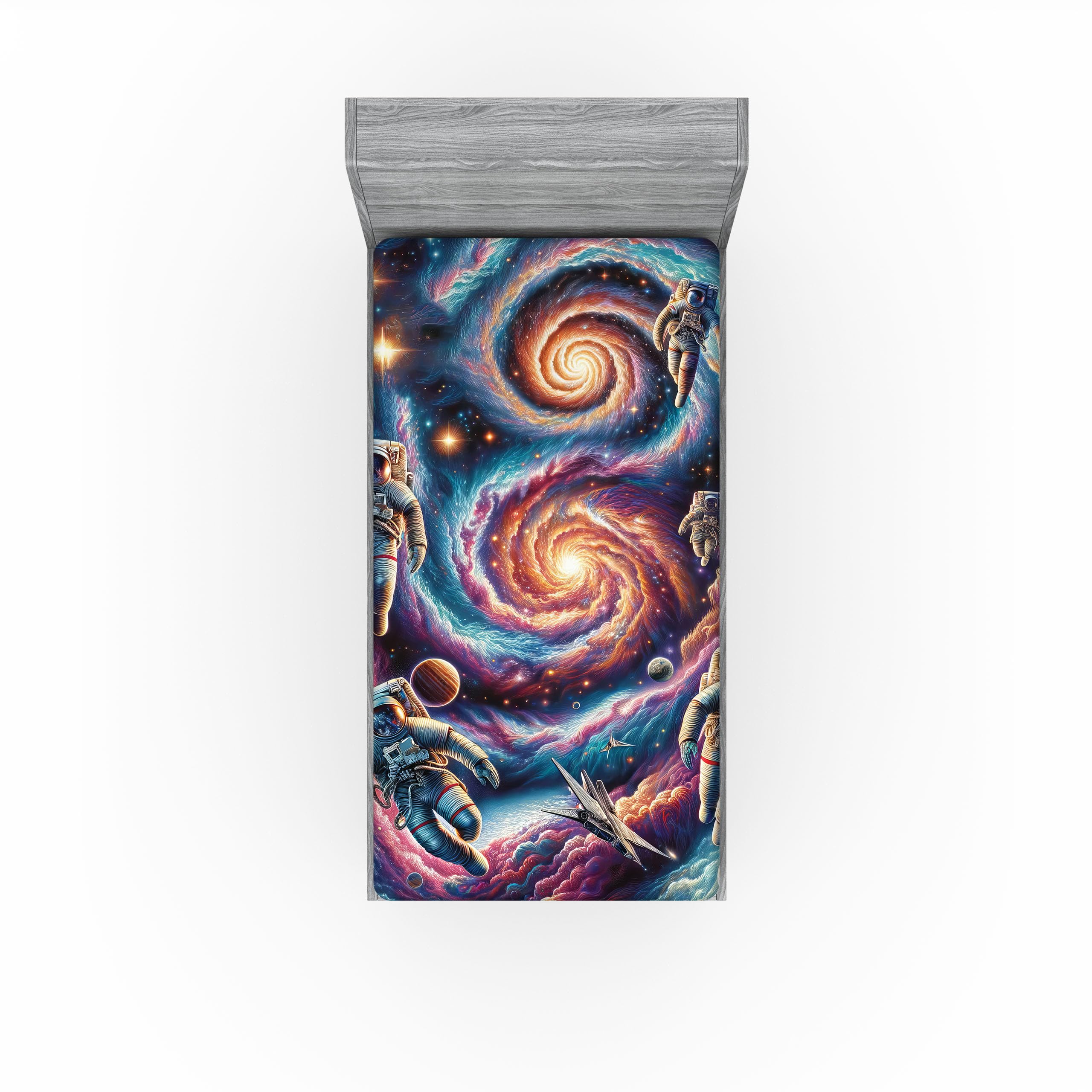 Ambesonne Outer Galaxy 2 Pack Fitted Sheet, Futurist Astronauts, Bed Cover All-Round Elastic Deep Pockets 2 Pieces, Package Contains 2 Twin XL Size Fitted Sheets, Purple Blue Multicolor