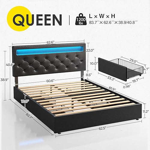 Miniatura 3 de Rolanstar Base de cama tamaño Queen con luces LED y puertos USB, cama tapizada de piel sintética con cabecero ajustable y 4 cajones de