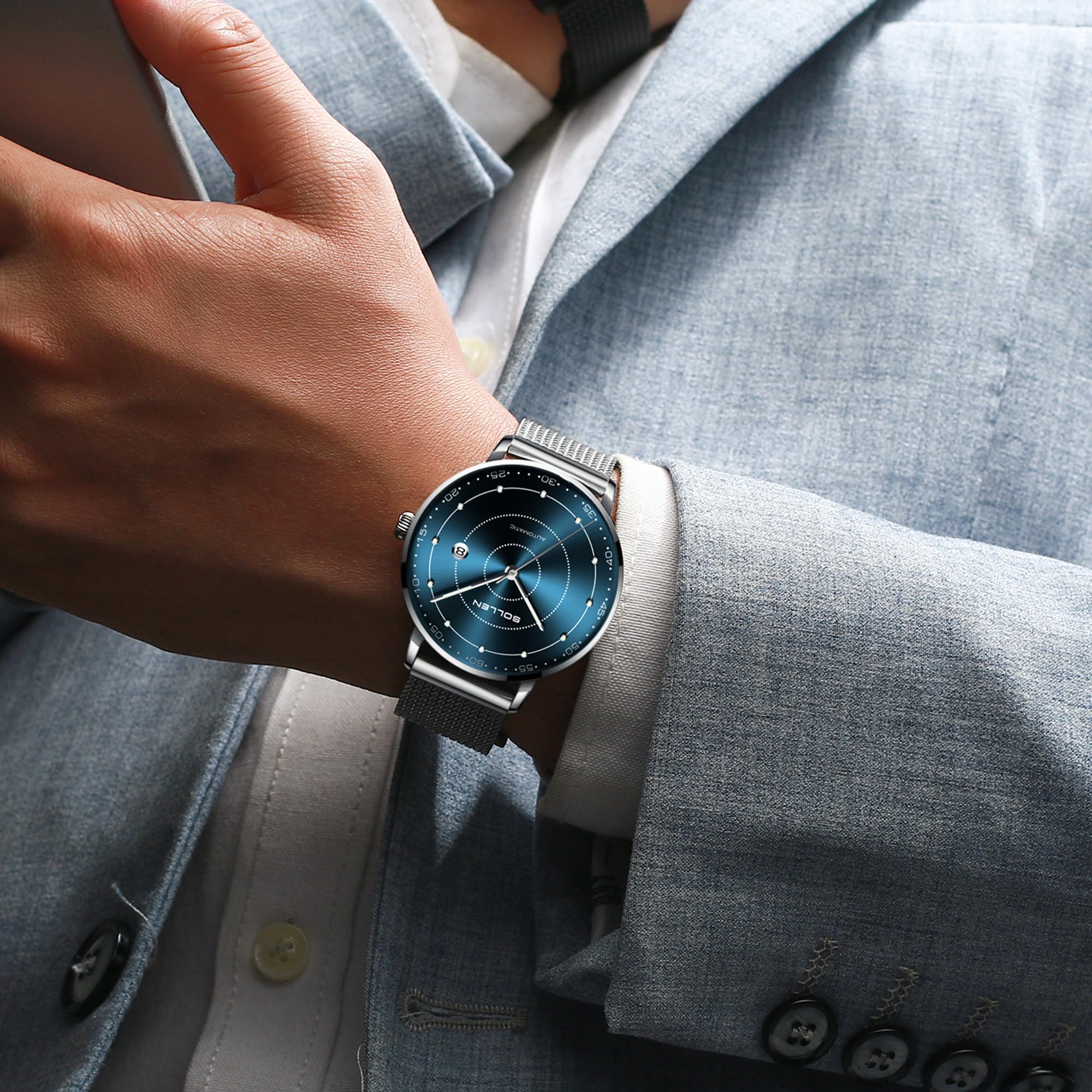 SOLLEN Mechanische Armbanduhren Herren,Klassische Minimalistische Herrenuhren Luxus,Wasserdicht Leuchtend Selbstaufzug Business Automatische Herrenuhr mit Kalendar,Automatikuhr als Geschenk für Männer