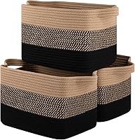 OIASKET Woven Cotton Rope Storage Baskets - Pack of 3 Rectangle Organizer Bins for Shelves, Closet, Toys, Nursery (Black & Brown, 13x9.85x8.7")