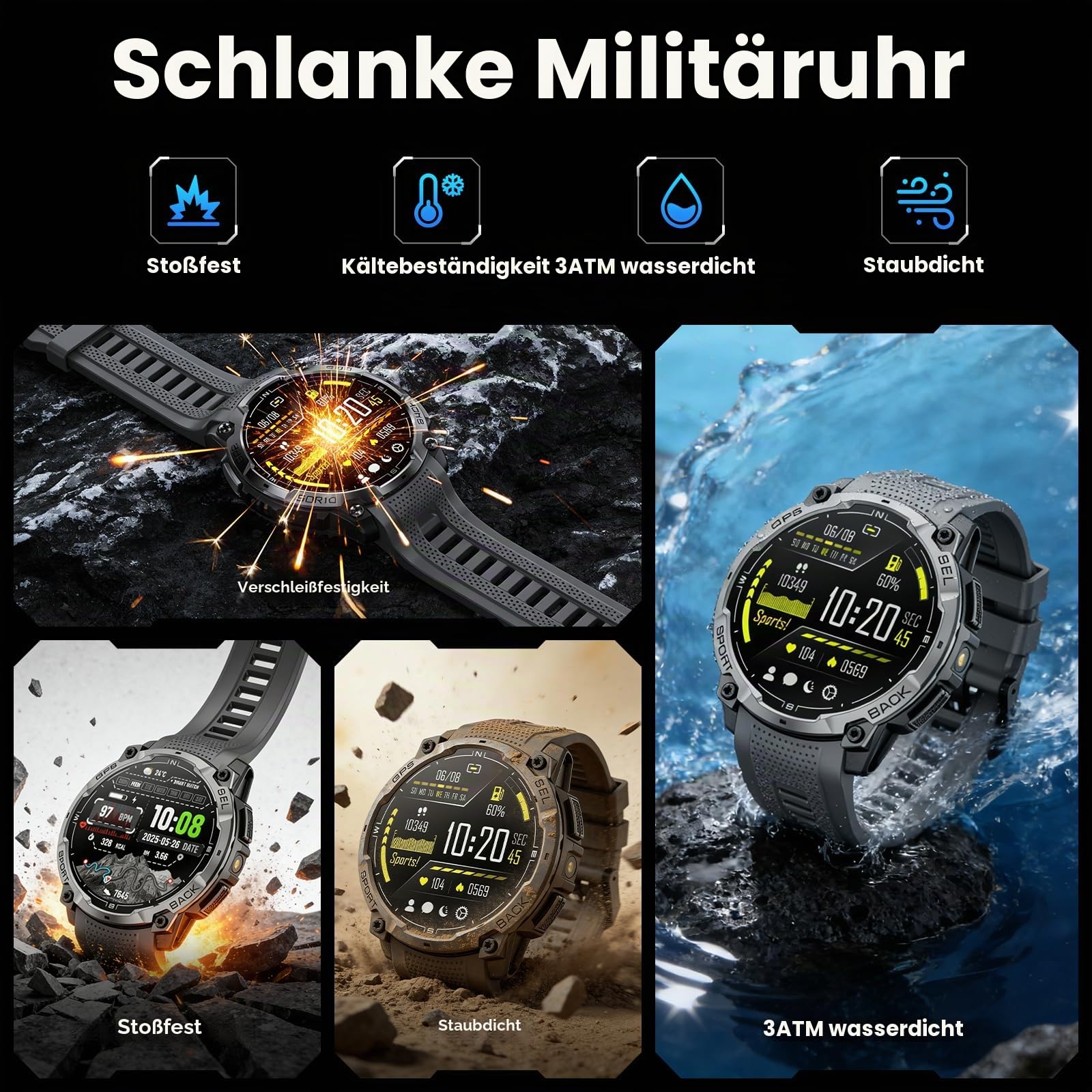 Militär Smartwatch Herren mit GPS, 1,43" AMOLED HD Fitnessuhr mit Bluetooth Anrufe, LED Taschenlampe, Kompass, 100+ Sportmodi, 3ATM Wasserdicht, Herzfrequenz, Smart Watch für iPhone Android