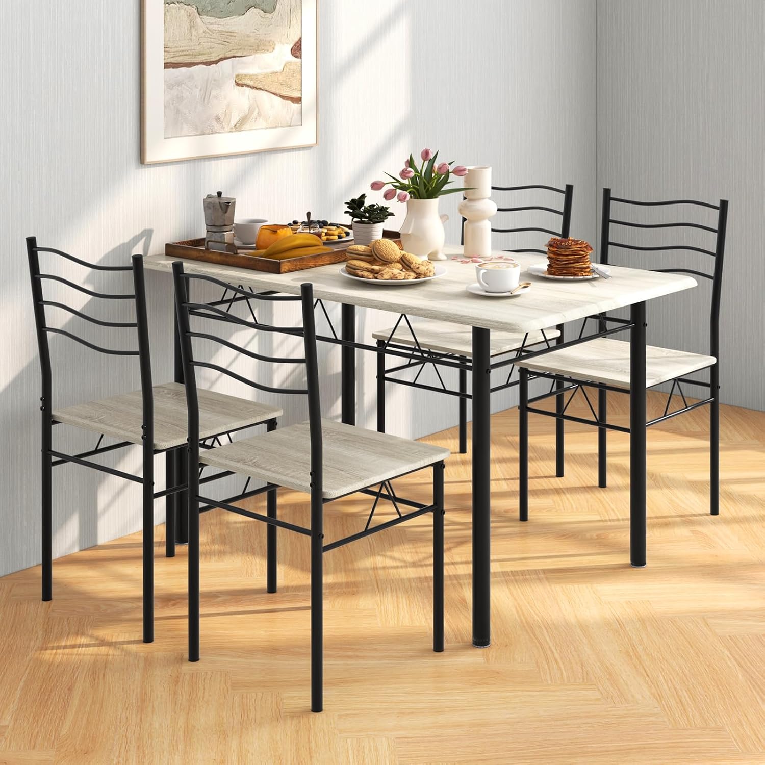 Giantex Modern 5 Piece Dining Table Set for 4 Chairs Wood Metal Kitchen Breakfast Furniture (Beech Wood)