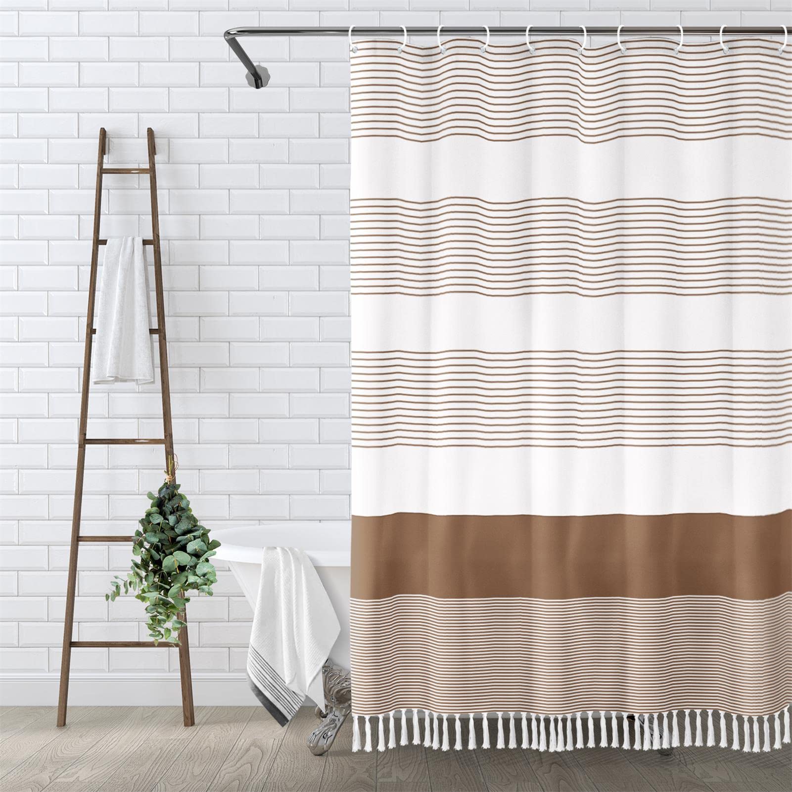 Awellife Khaki zasłona prysznicowa do łazienki w paski frędzle zasłona prysznicowa 182 x 183 cm morelowy dom wiejski bawełna