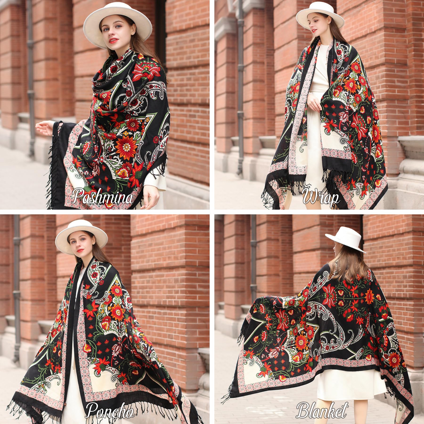 DANA XU - Sciarpa pashmina in 100% lana merino, da donna, 244 x 109 cm, oversize, in cashmere, con nappe, mantella da viaggio con motivo floreale, 96*43 INCHES